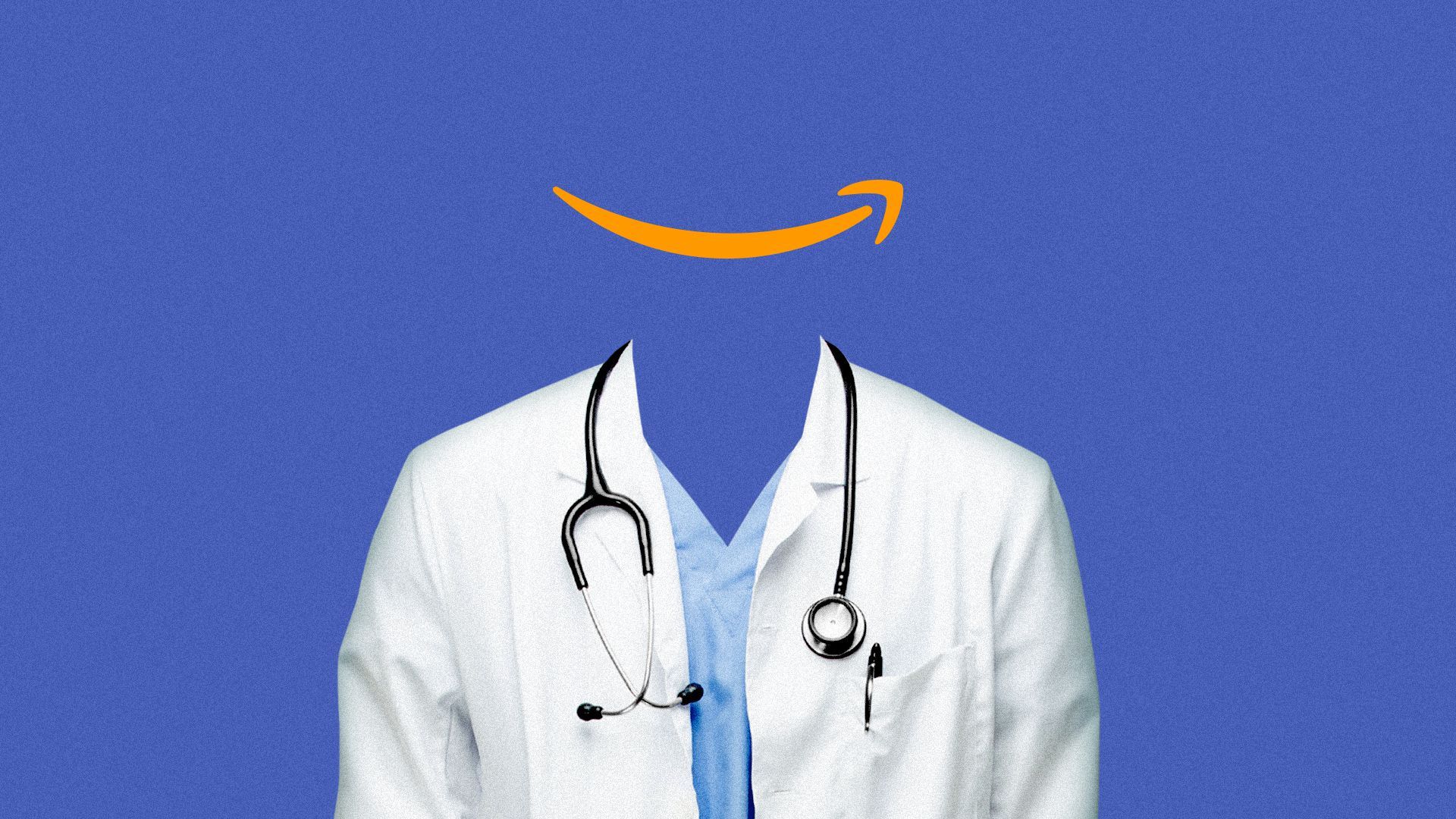 Illustration of an empty doctor's outfit with the Amazon smile logo as the face. 