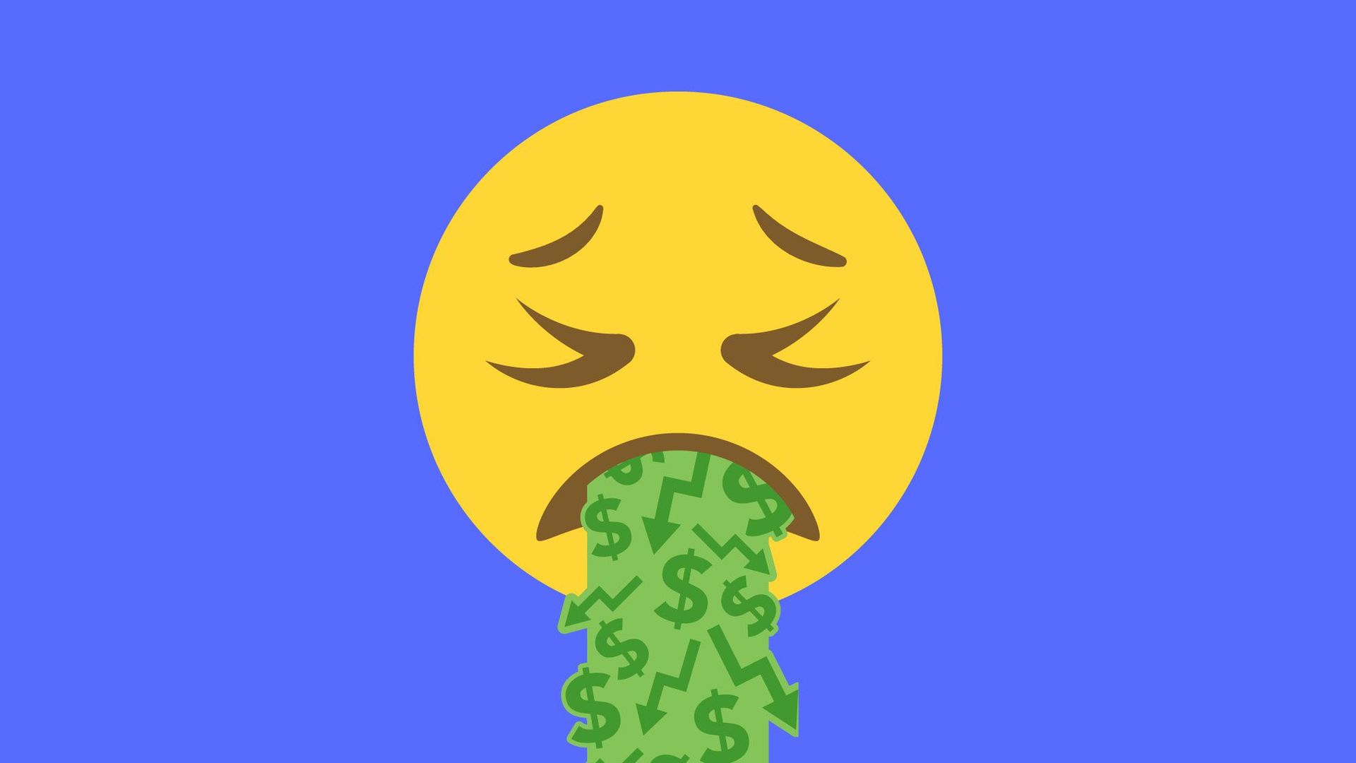 Illustration of a frown emoji vomiting money