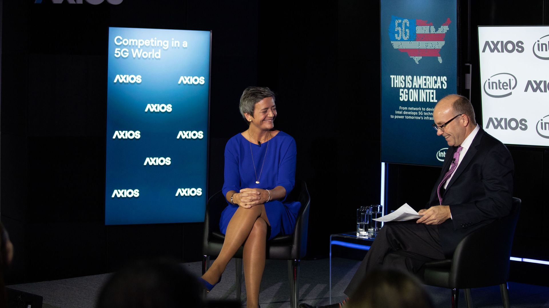 Mike Allen and Commissioner Vestager on the Axios stage