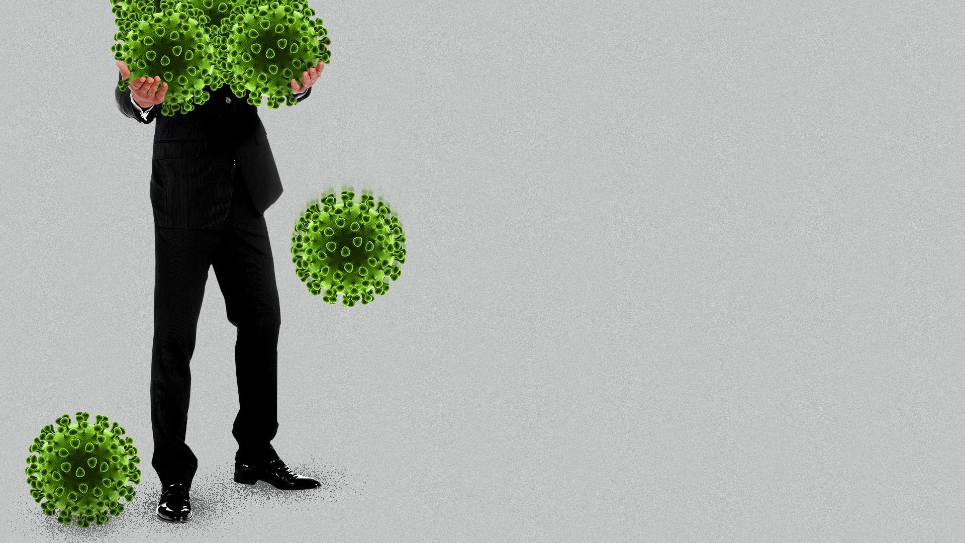 Illustration of a man in a suit struggling to carry several large coronavirus cells, some have fallen. 