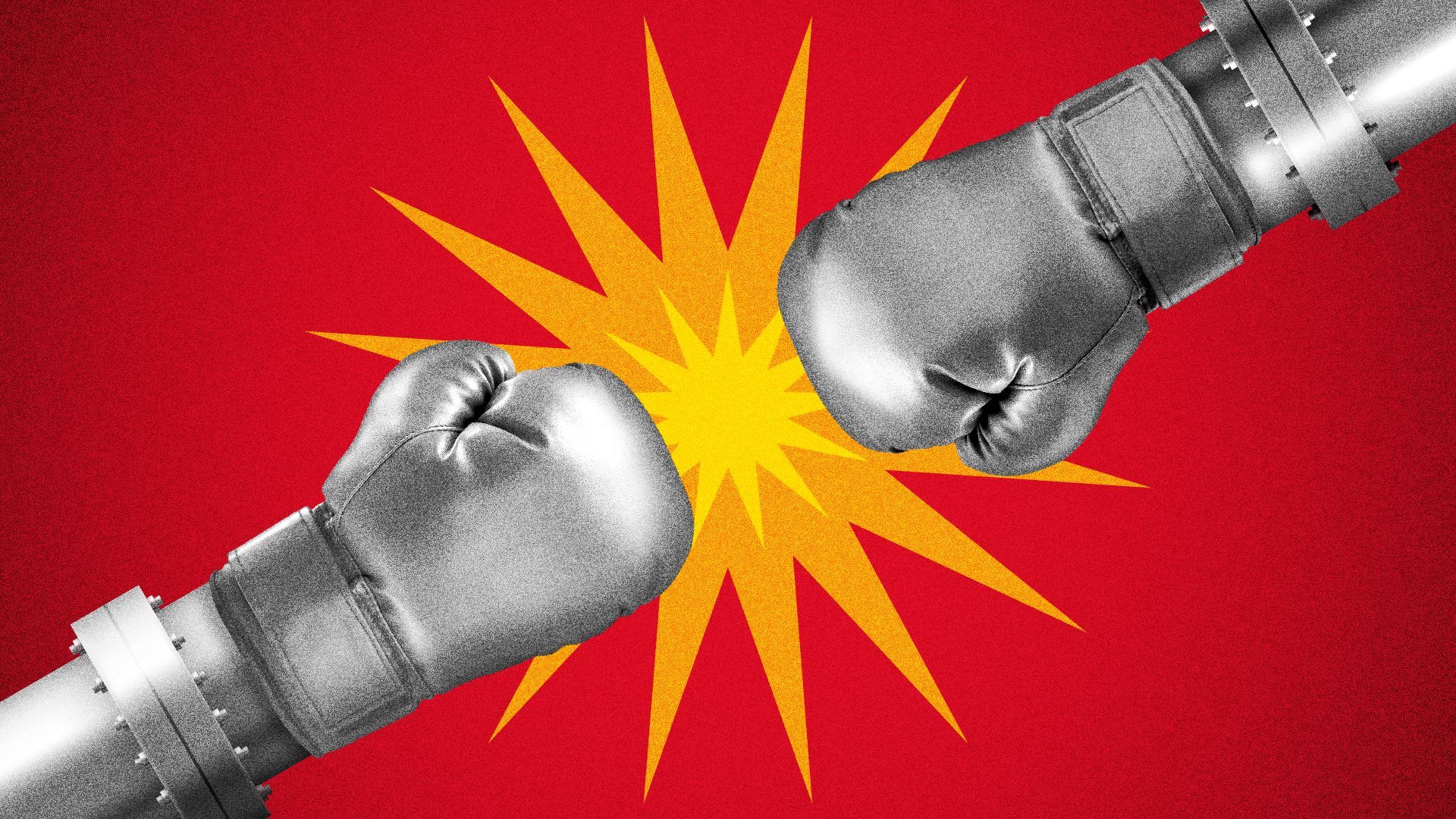Illustration of two boxing gloves made of pipes facing off with a stylized explosion between them.