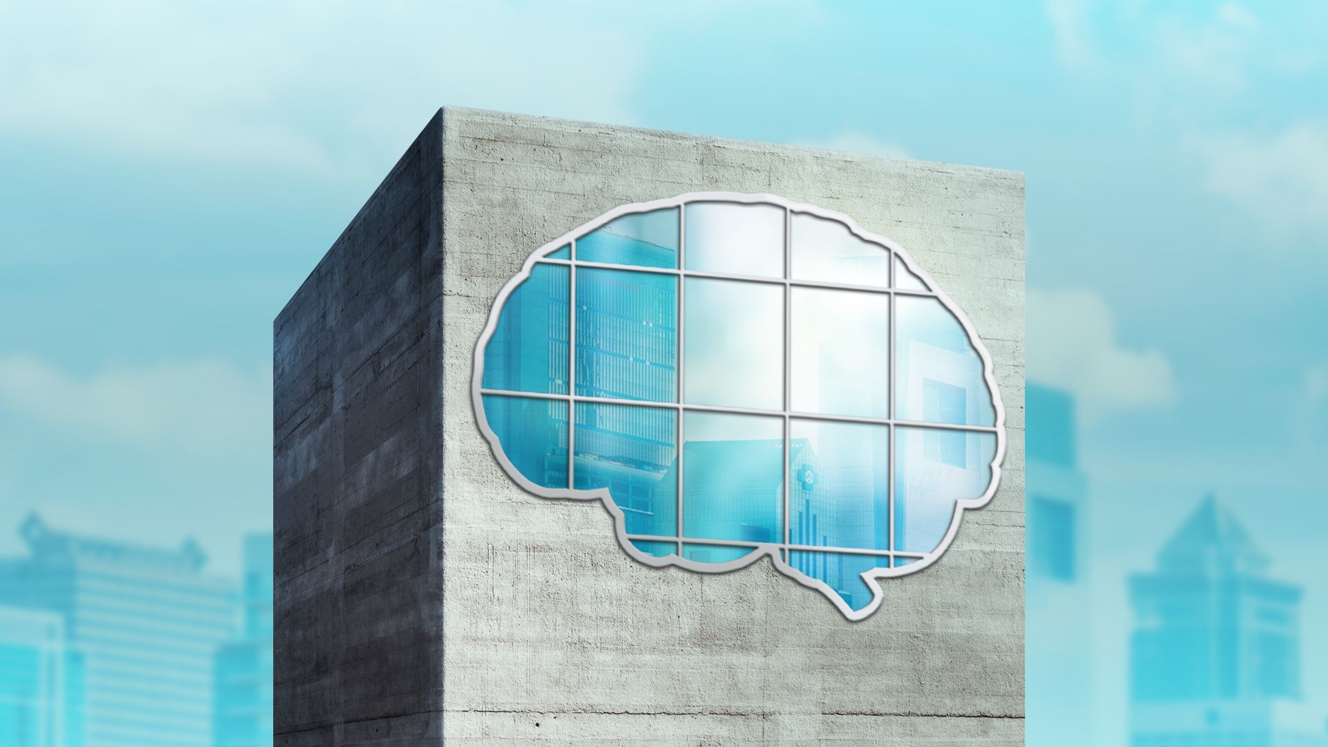 Illustration of a building in a city with a brain-shaped window