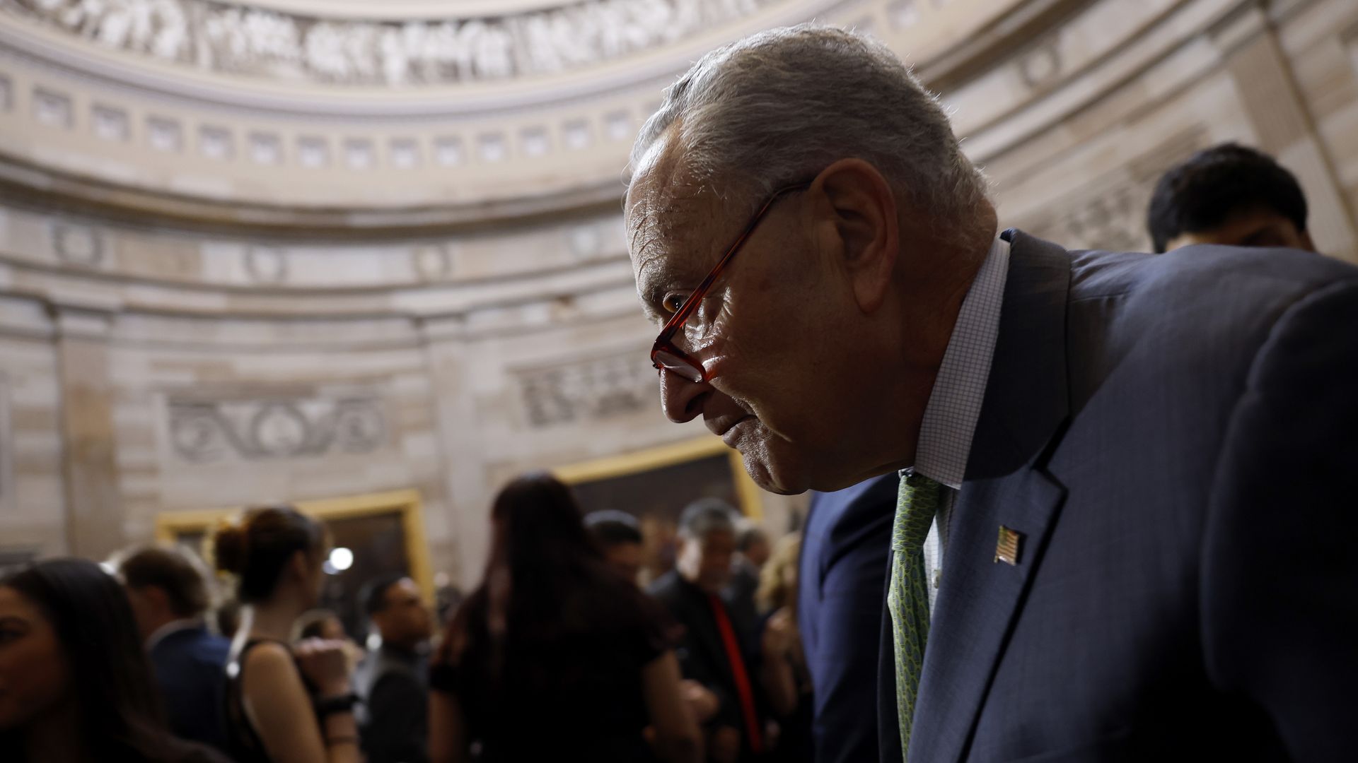 Senate Majority Leader Chuck Schumder (D-NY) departs from a Congressional Gold Medal Ceremony for the 13 American service members who died in the suicide bombing at Hamid Karzai International Airport in Afghanistan in the U.S. Capitol Rotunda on September 10, 2024 in Washington, DC.