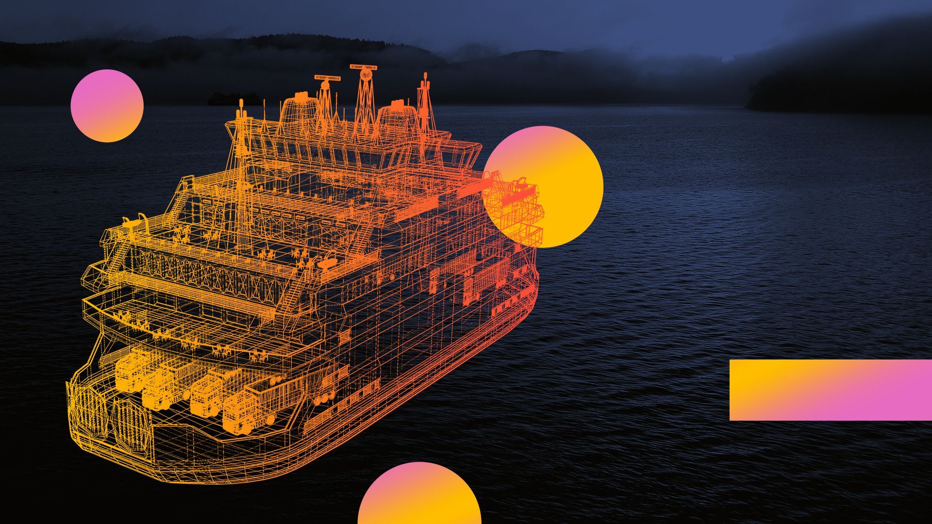 Illustration of a grid model of a ferry on the water, with colored shapes around it.
