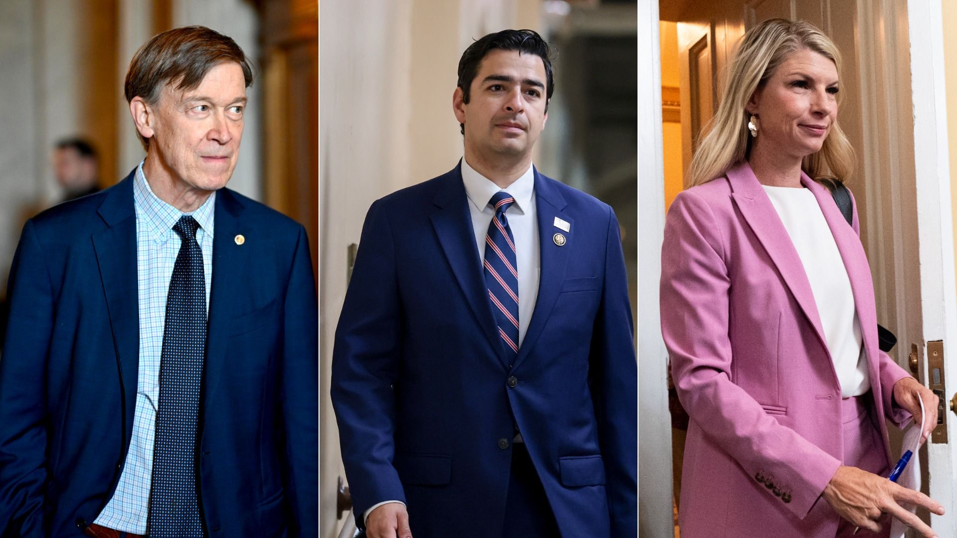 A triptych of people in business attire: left older man in a navy suit; center younger man in a blue suit with a striped tie; right blonde woman in a pink blazer with white blouse, holding papers.