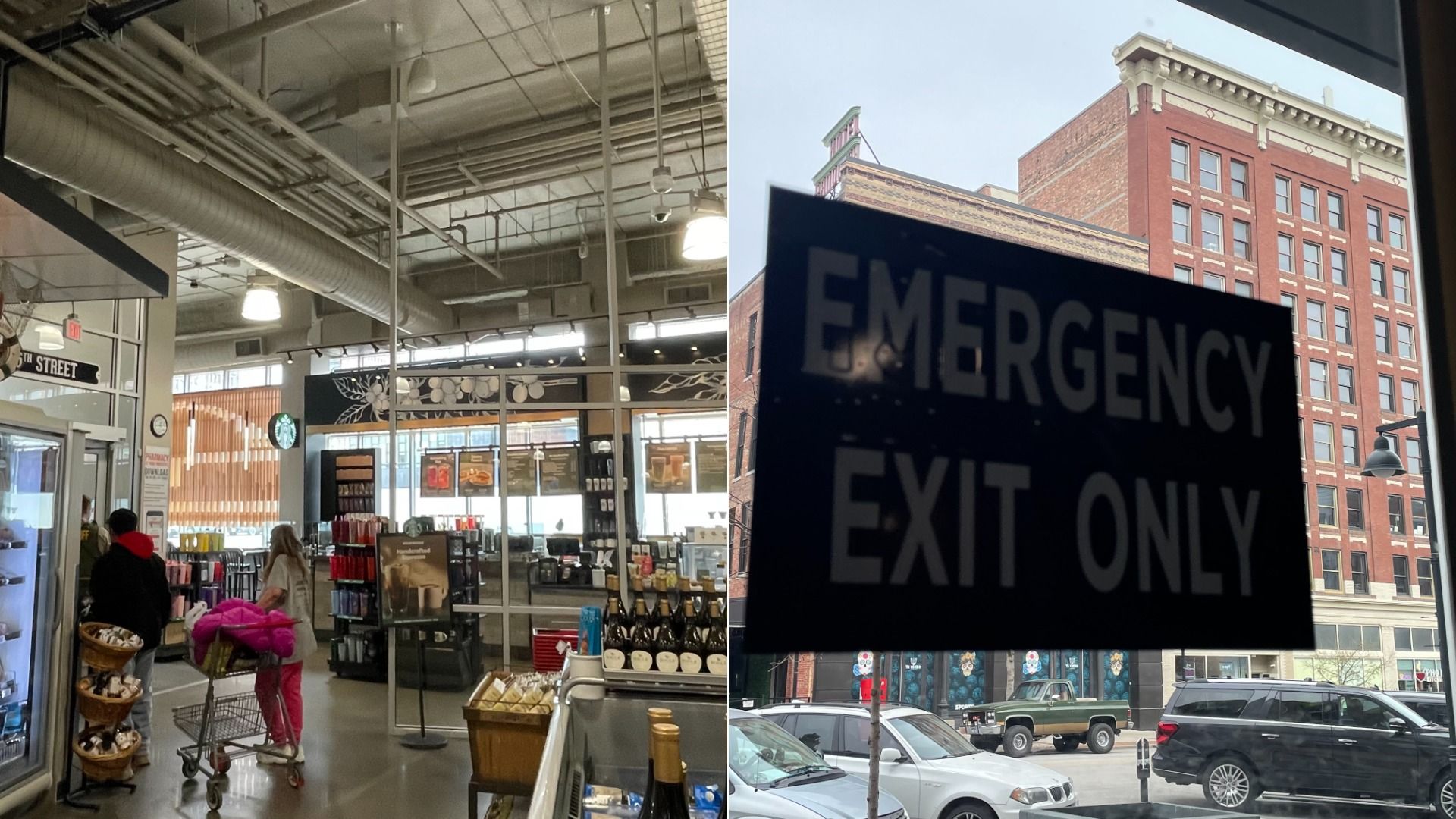 A photo of two of the entrances of the downtown Des Moines Hy-Vee store.