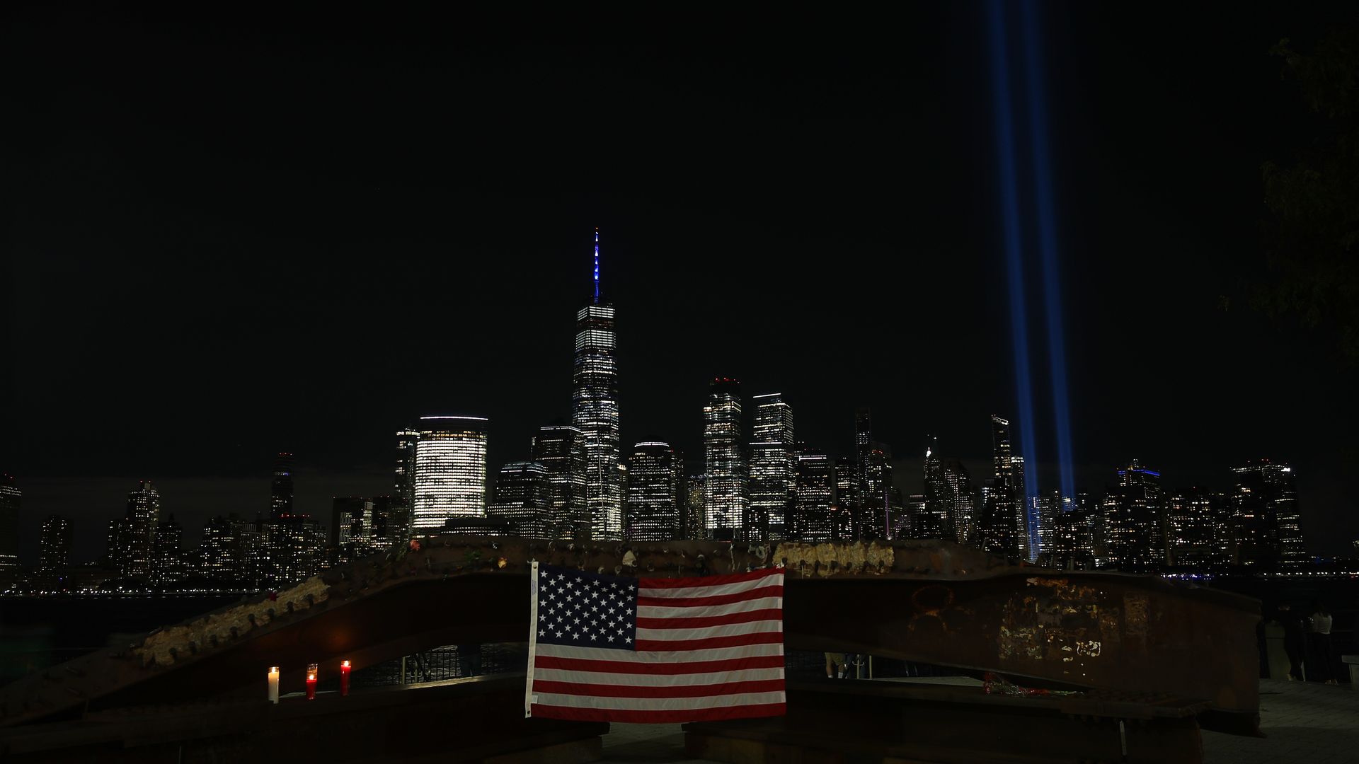 9/11 Tribute in Light seen from Jersey City of New Jersey on the night of the 19th anniversary.
