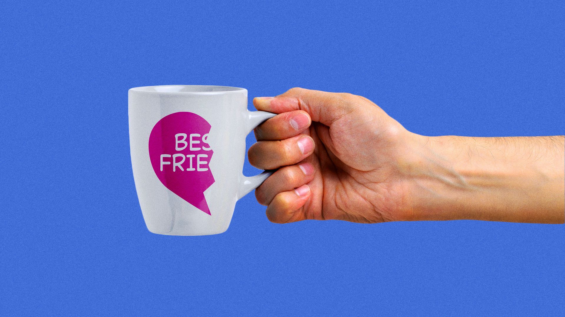 Illustration of one person holding a mug that has half of one "Best Friends" heart on it. 