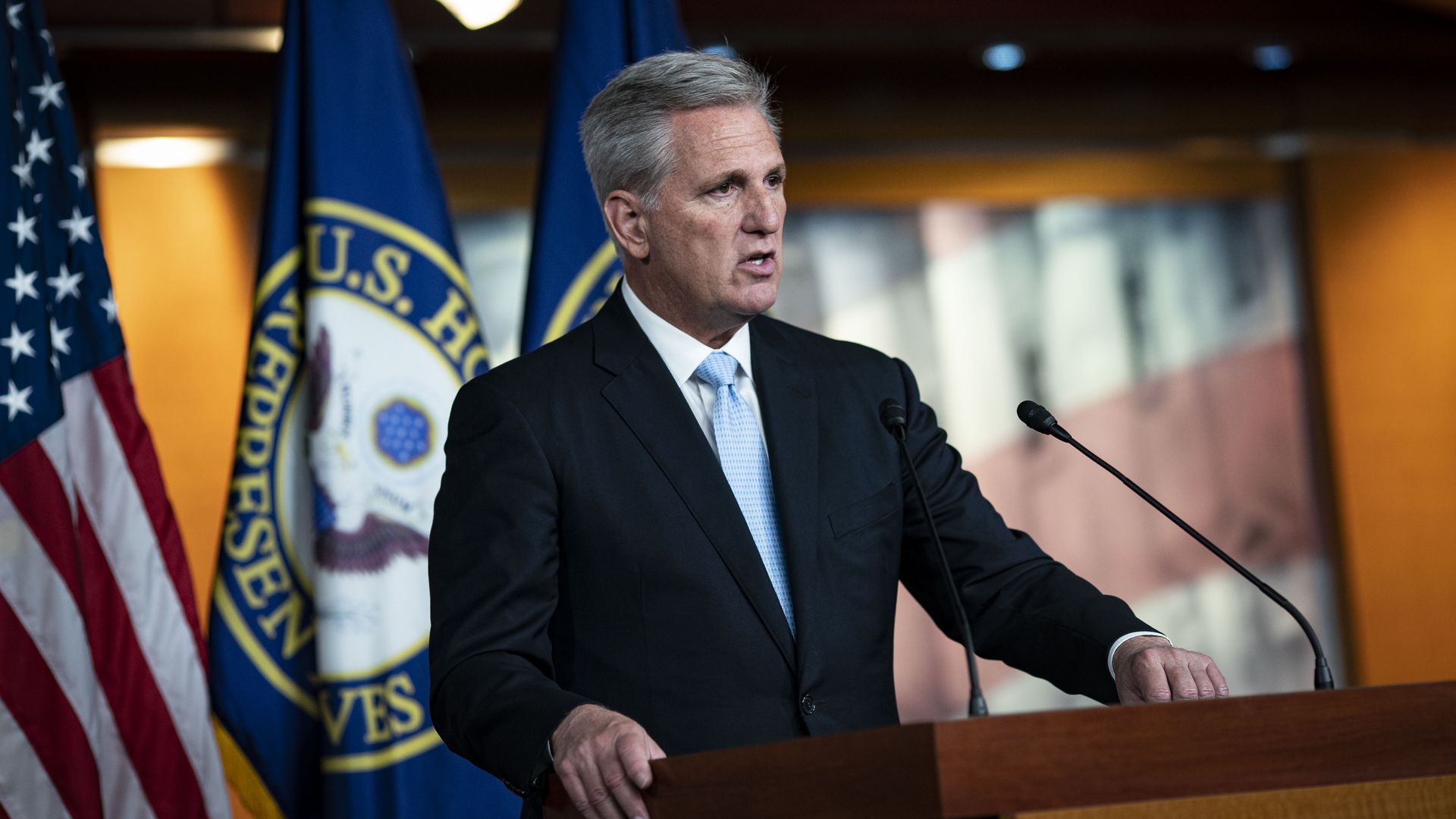 House Minority Leader Kevin McCarthy, a Republican from California, speaks during a news conference at the U.S. Capitol in Washington, D.C., U.S., on Friday, Aug. 27, 2021. 