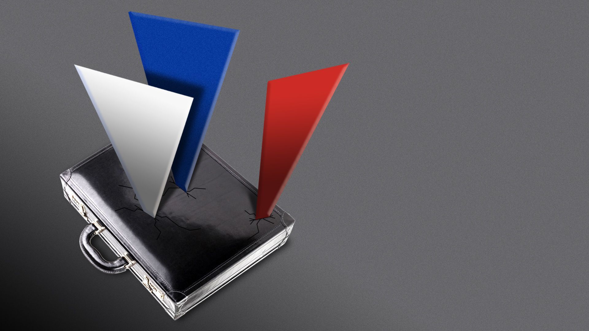 Illustration of a briefcase being pierced by three triangles, each a color of the Russian flag