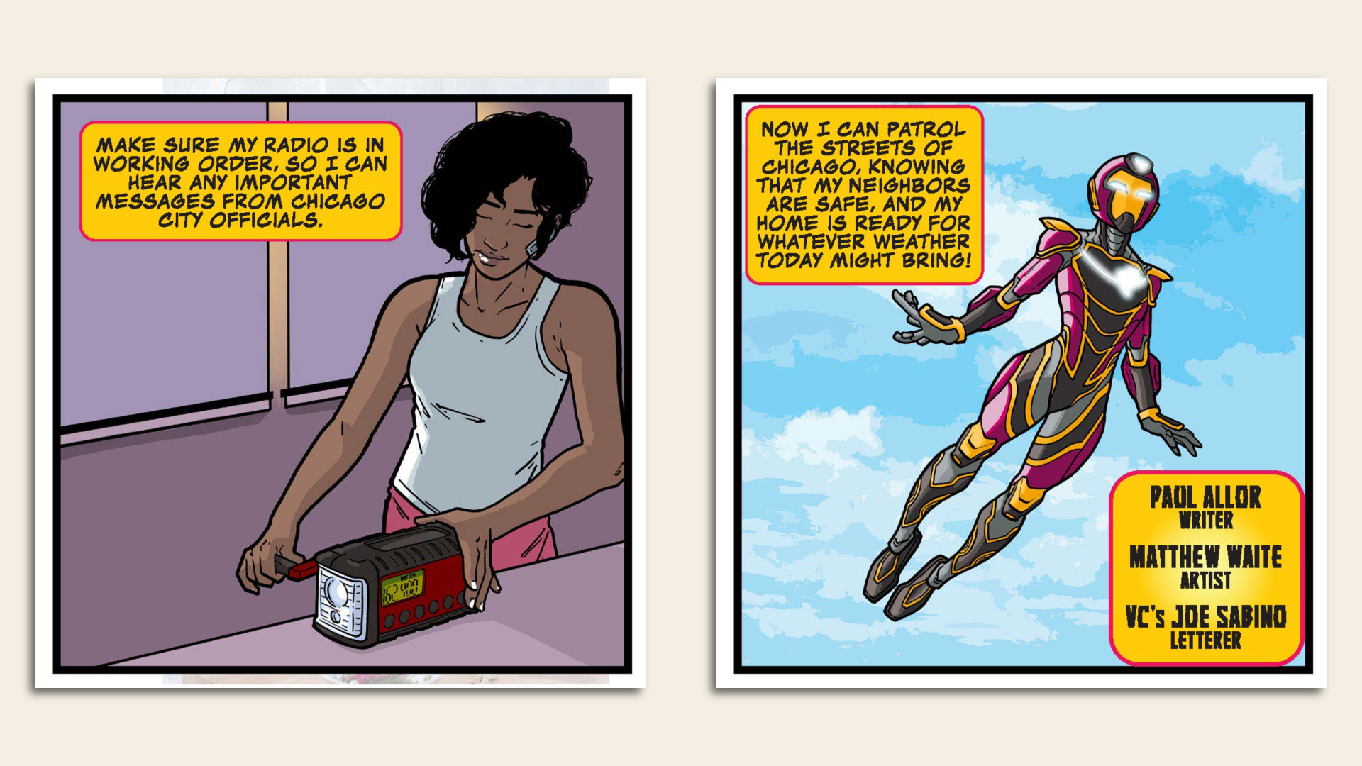 Side by side comic strips of RiRi Williams with a radio and Ironheart flying through sky.