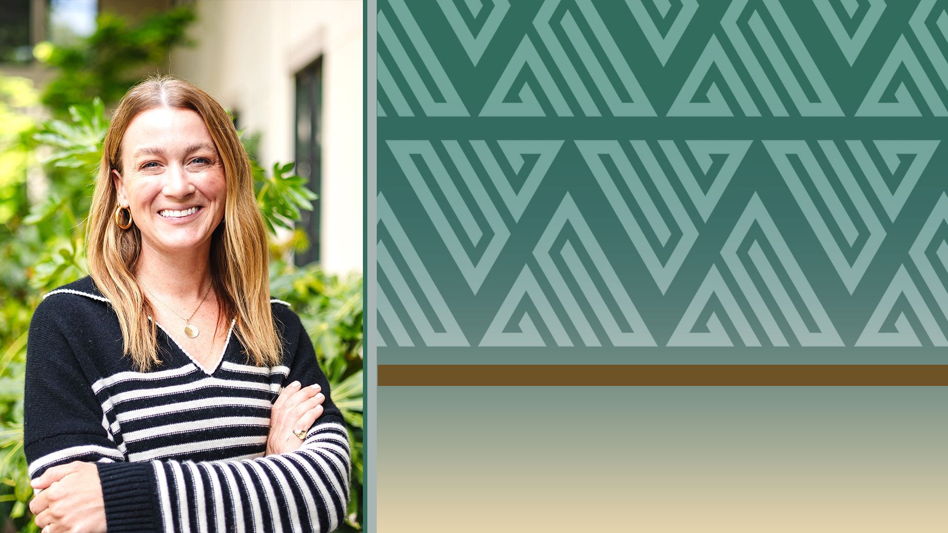 Photo illustration of Jill Puente, next to an abstract pattern made from the Unusual Ventures logo.