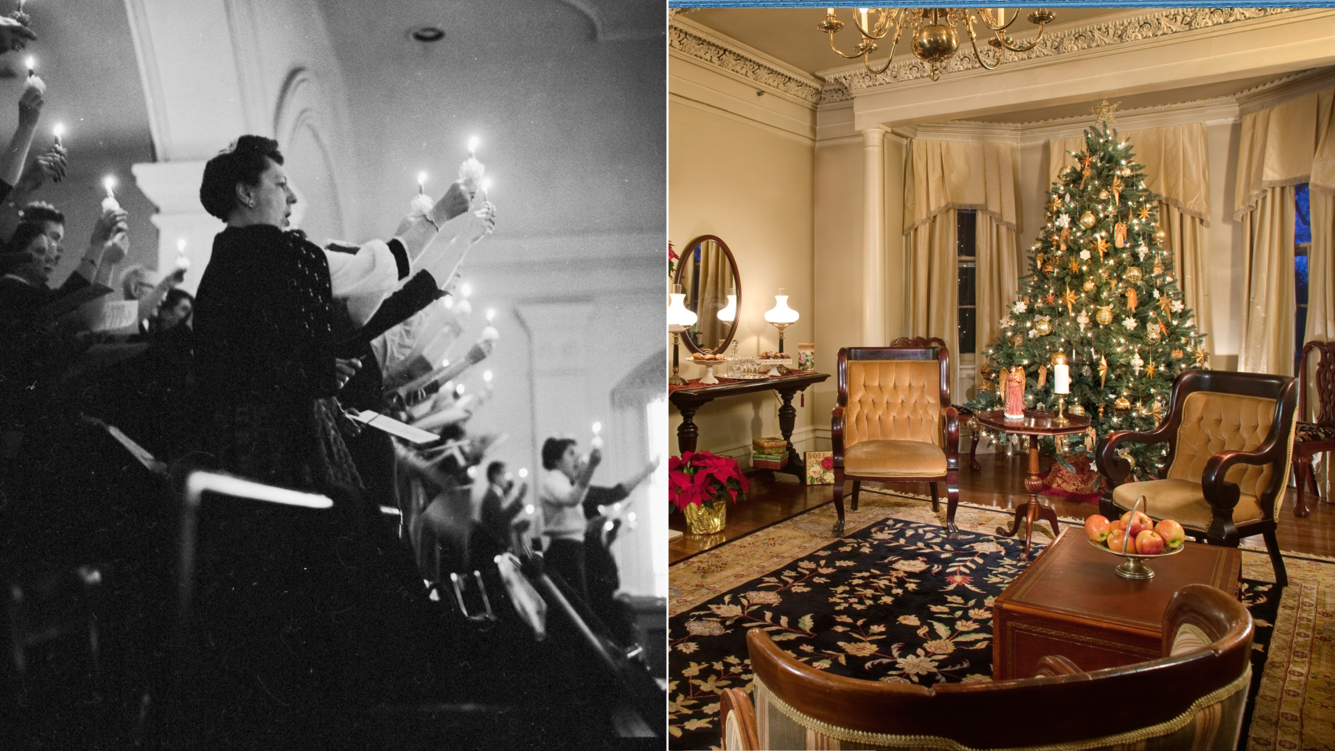 Worshippers at the Central Moravian Church in Bethlehem. On right:  The Sayre Mansion during the holidays.