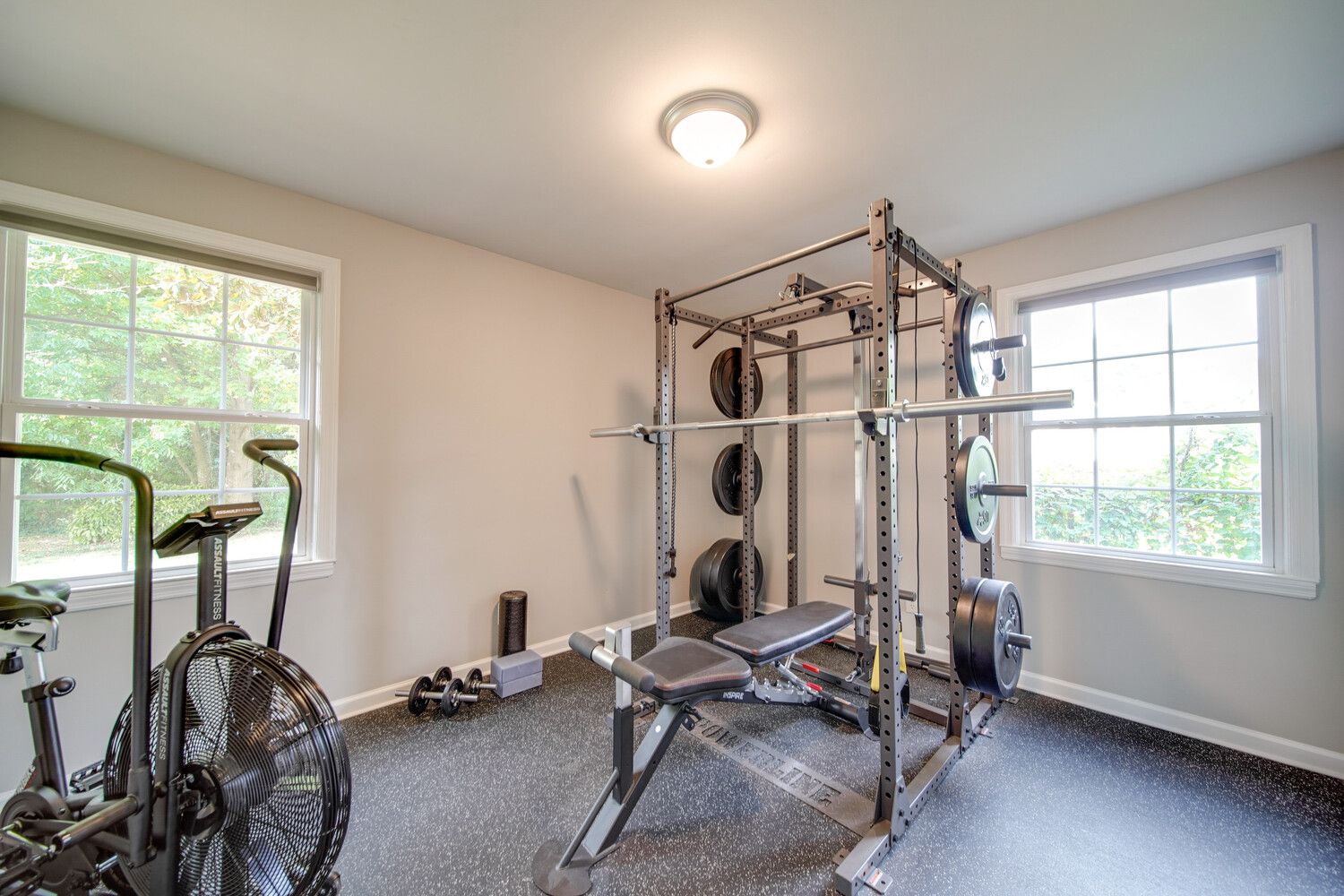 Small home gym with a gray metal power rack and loaded barbell, weights on pegs. Adjustable bench inside; two windows light the room. A stationary fan bike sits to the left.