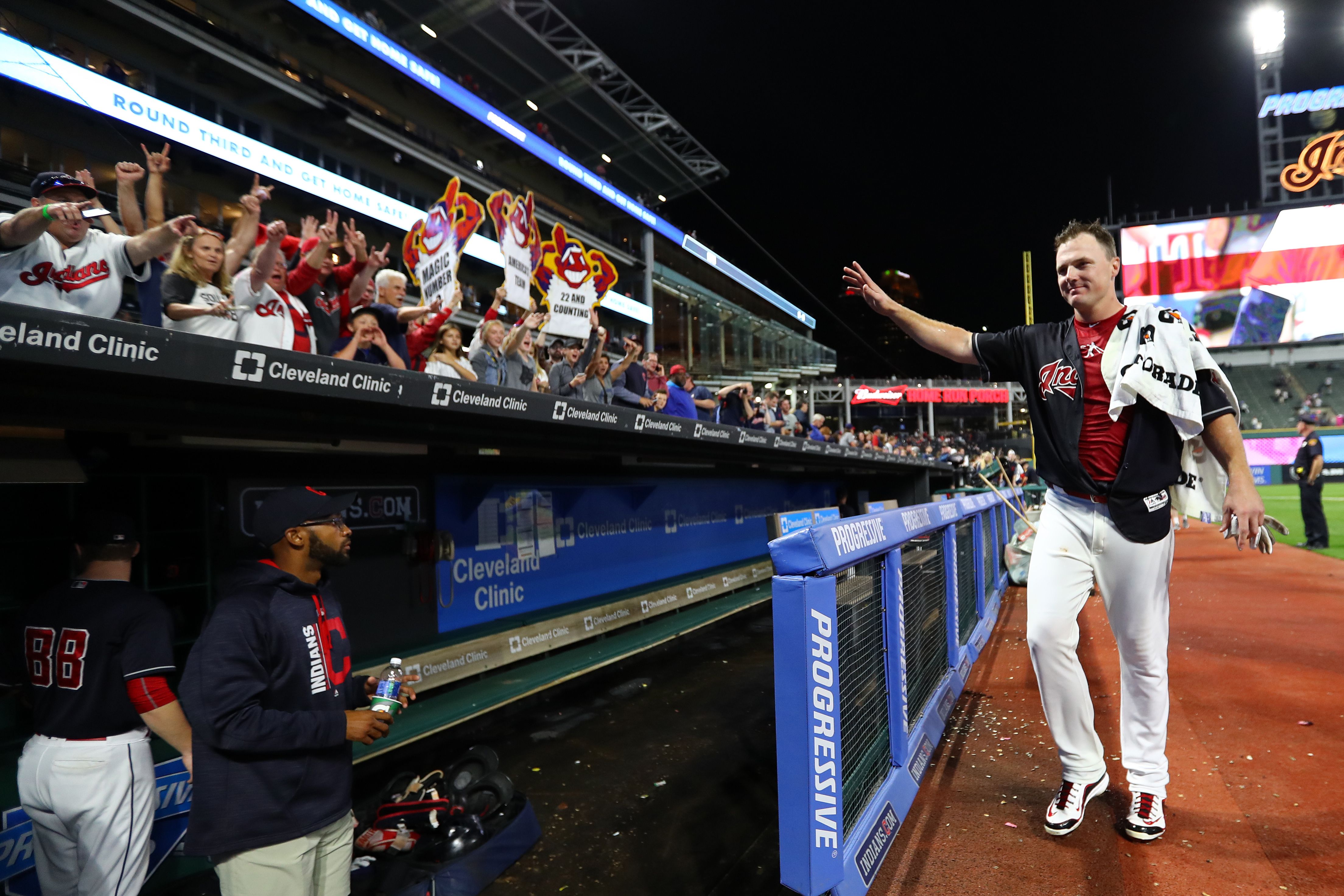 Cleveland player Jay Bruce celebrates after winning a game. 