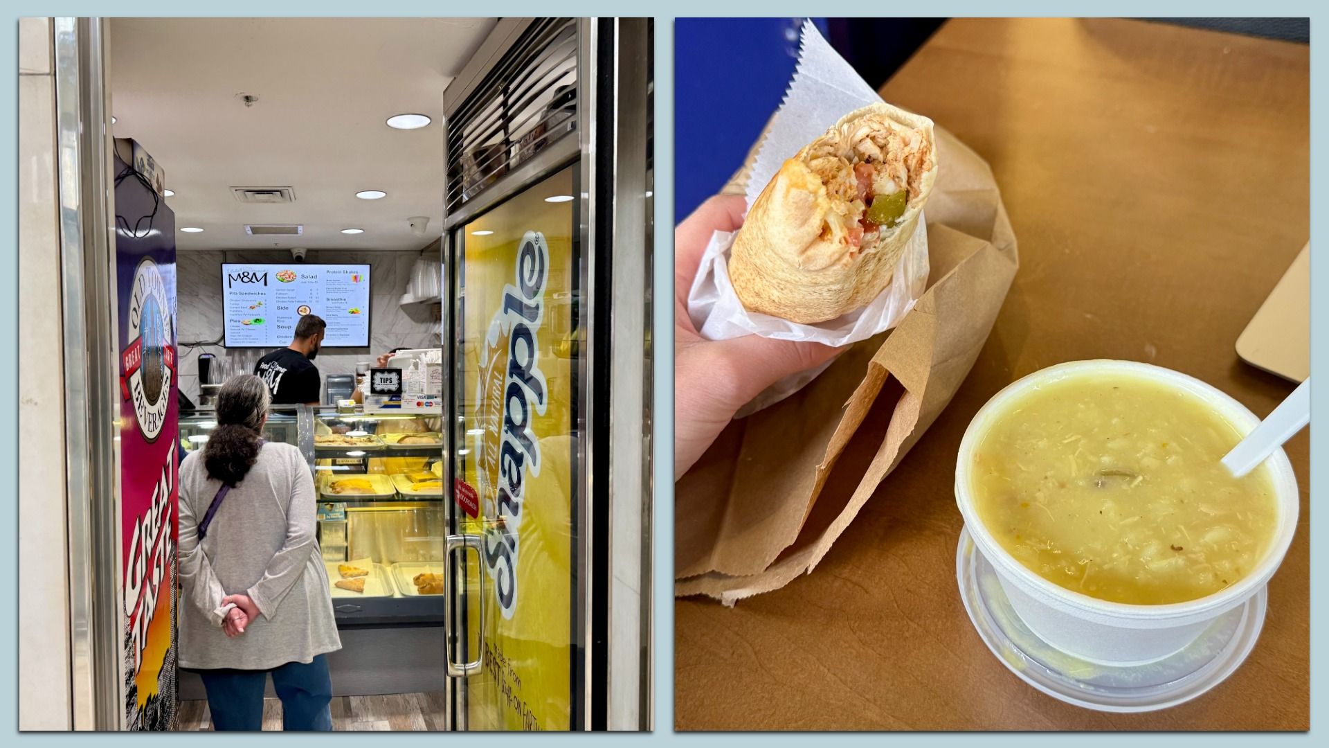 Left image shows customers ordering inside small deli. Right image shows a hand holding chicken shawarma and a cup of thick soup on a table.