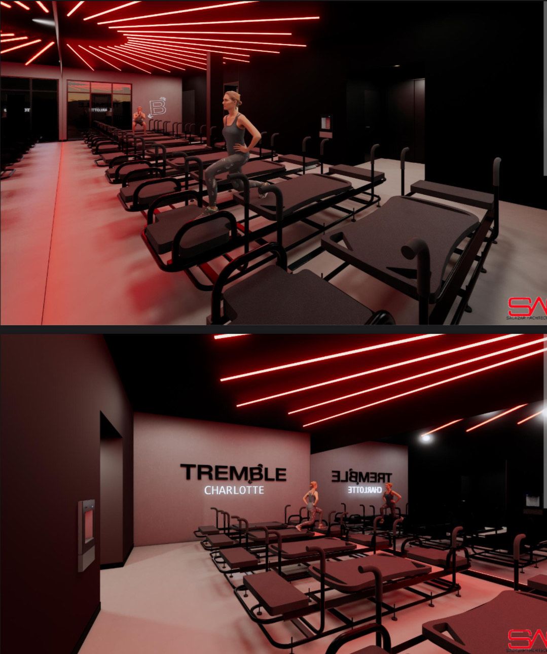 Interior of a modern gym with black and red lighting, showing rows of black workout benches and a woman exercising. Walls display "TREMBLE CHARLOTTE" in bold letters.