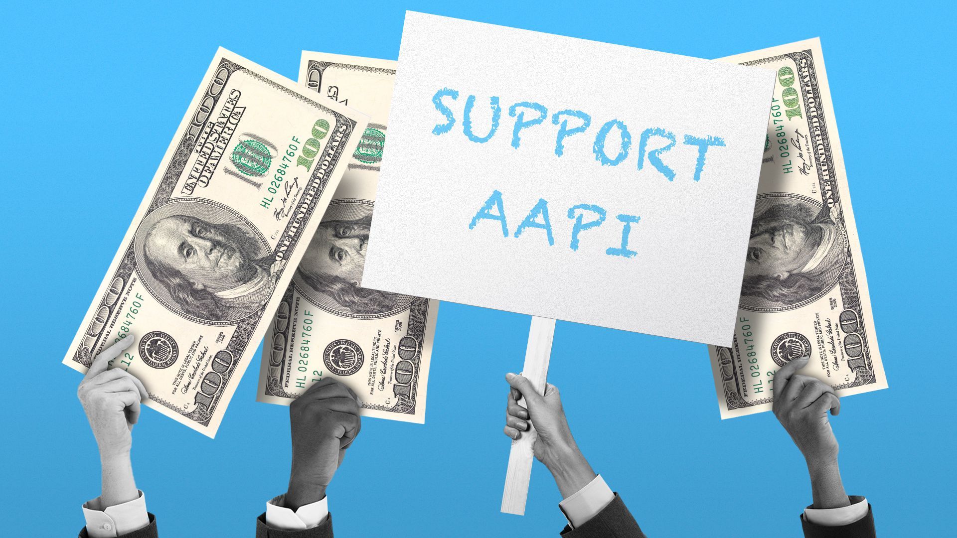 Illustration of hands holding up one hundred dollar bills and a protest sign in support of the AAPI community