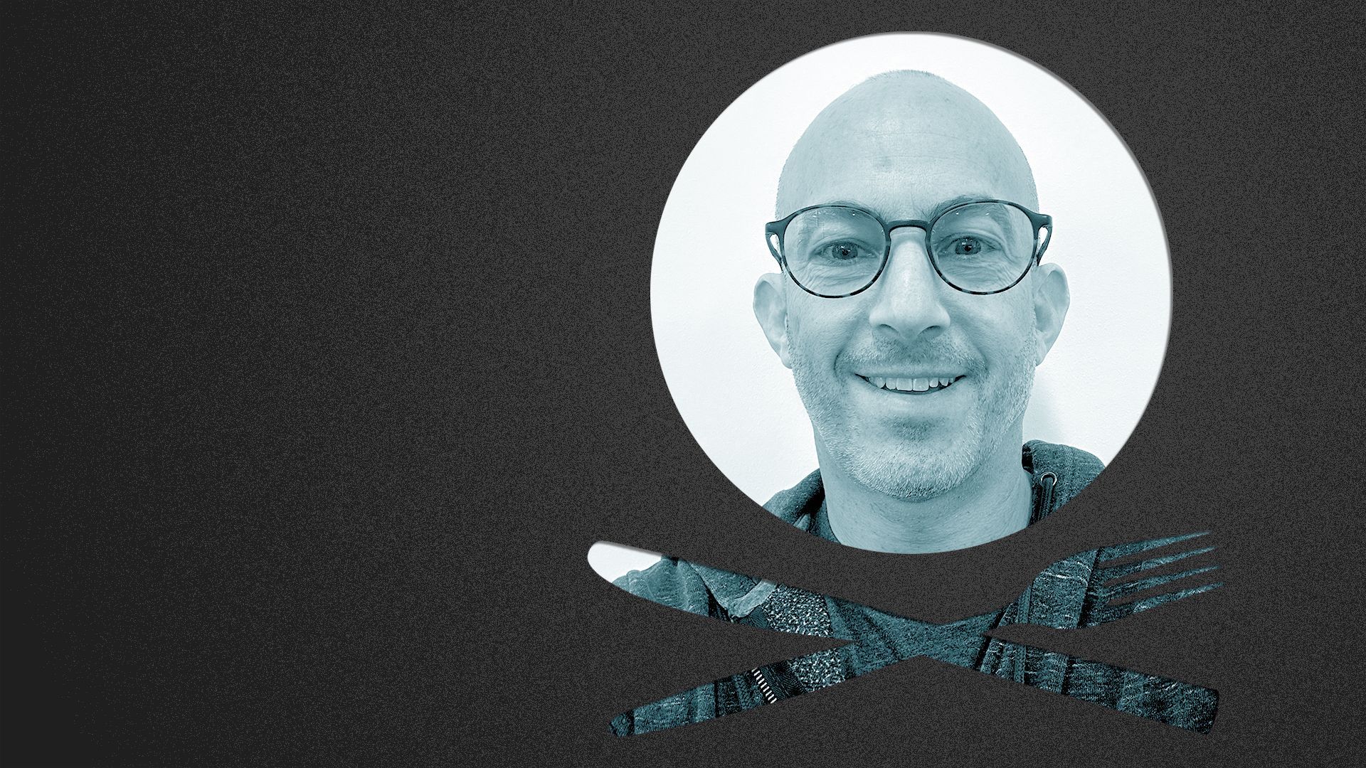 Photo illustration of a place setting shaped like a skull and crossbones containing a photo of Adam Berger.