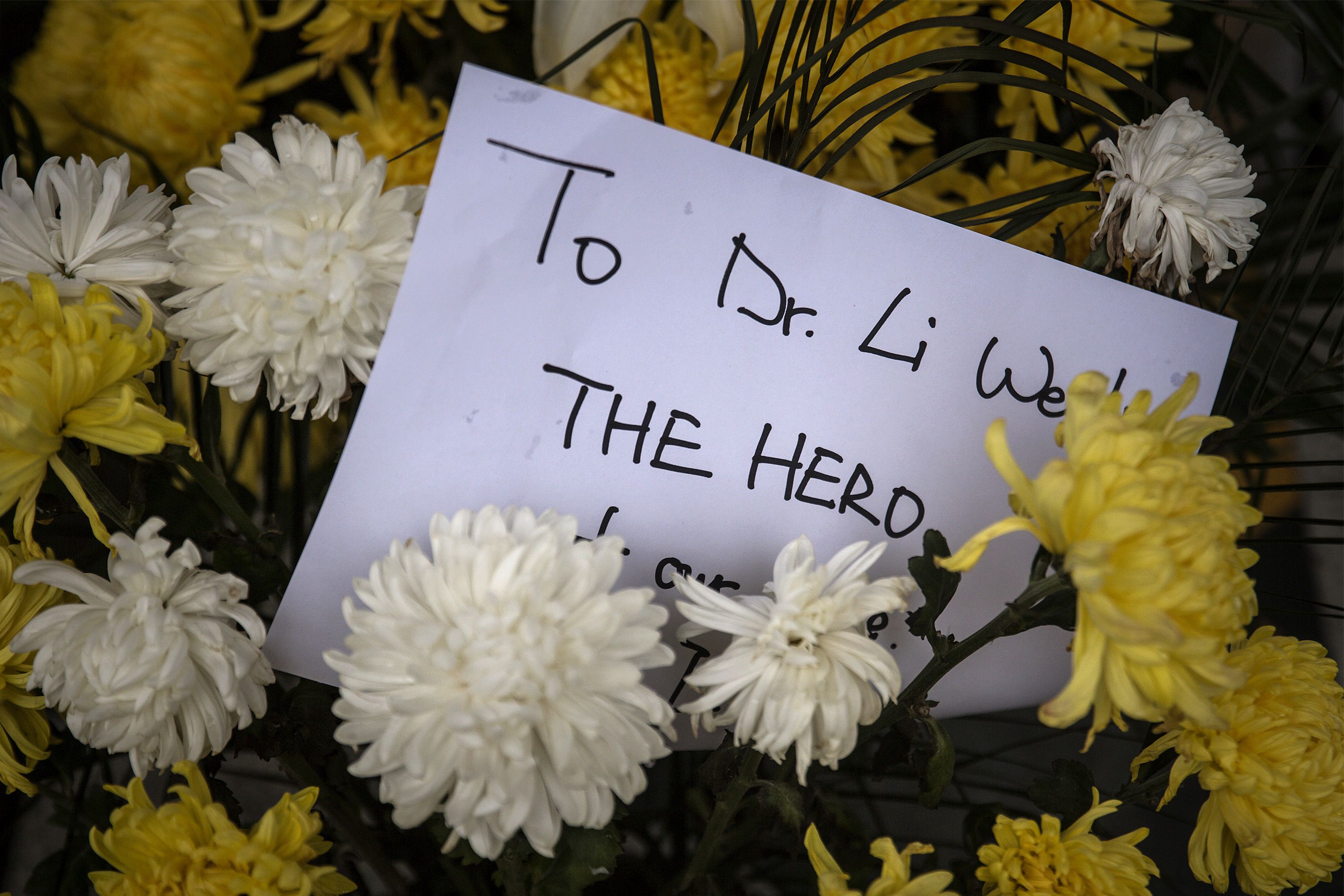 This is a sign that reads "To Dr. Li the hero," nestled in flowers
