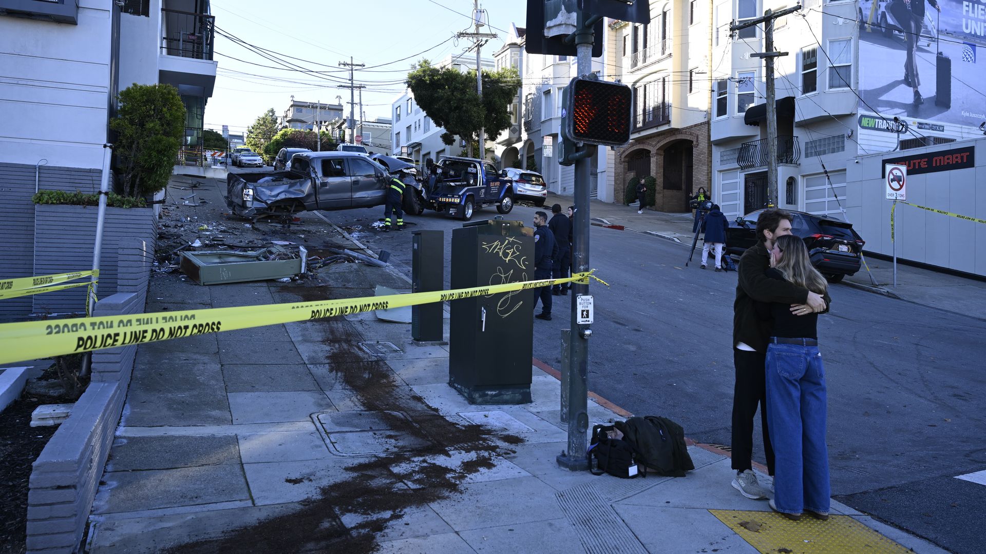 SAN FRANCISCO, CA - NOVEMBER 18: A view of damaged home and a pickup vehicle as high speed motor vehicle accident happened at Broderick St and Lombard St. which three vehicles involved and two patients transported to the hospital in San Francisco, California on November 18, 2025. (Photo by Tayfun Co