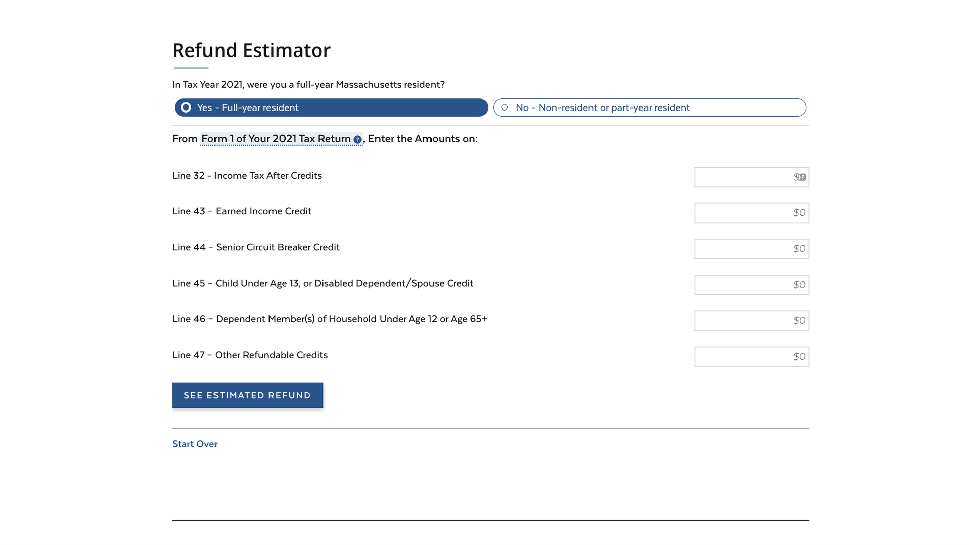 Massachusetts' tax refund calculator on the state website
