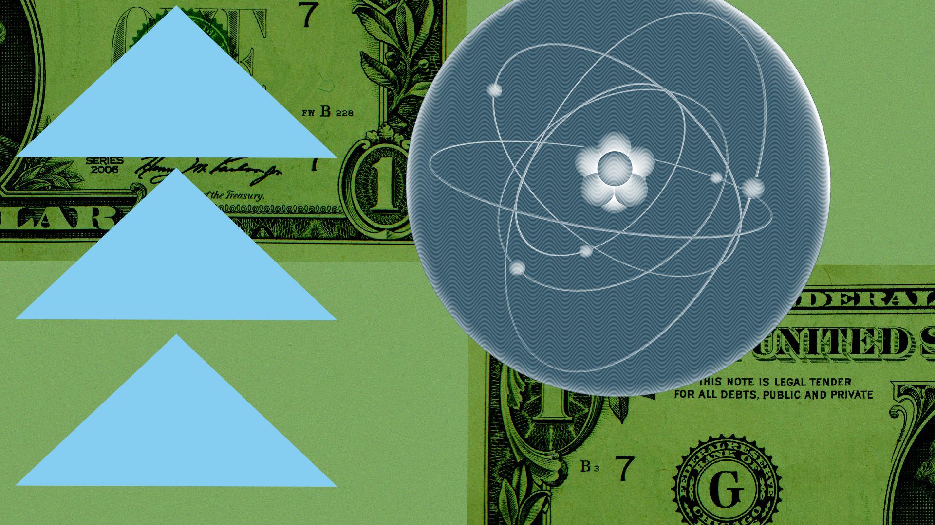 Illustration collage of an atomic structure, graphic shapes, and dollar bills