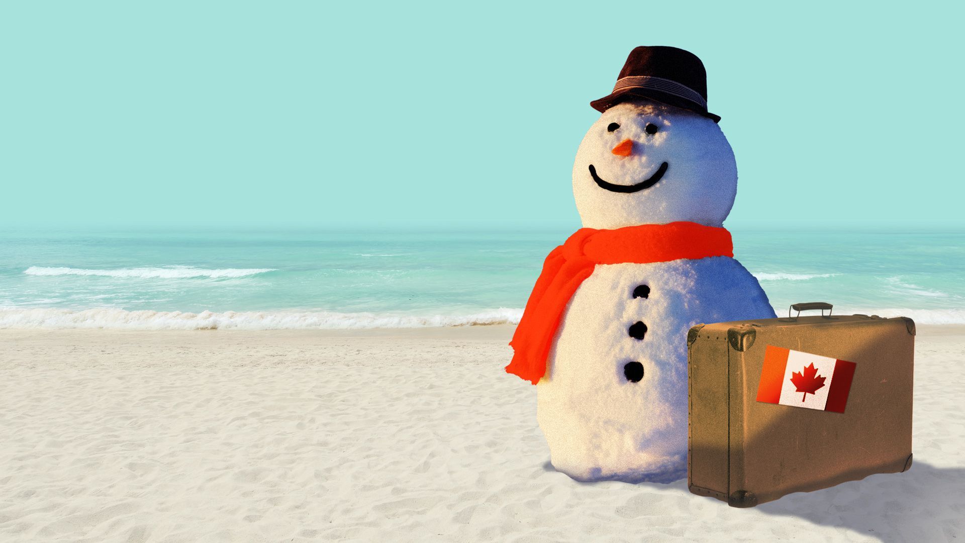 Illustration of a snowman next to a suitcase with a Canadian flag stamp on it on a beach