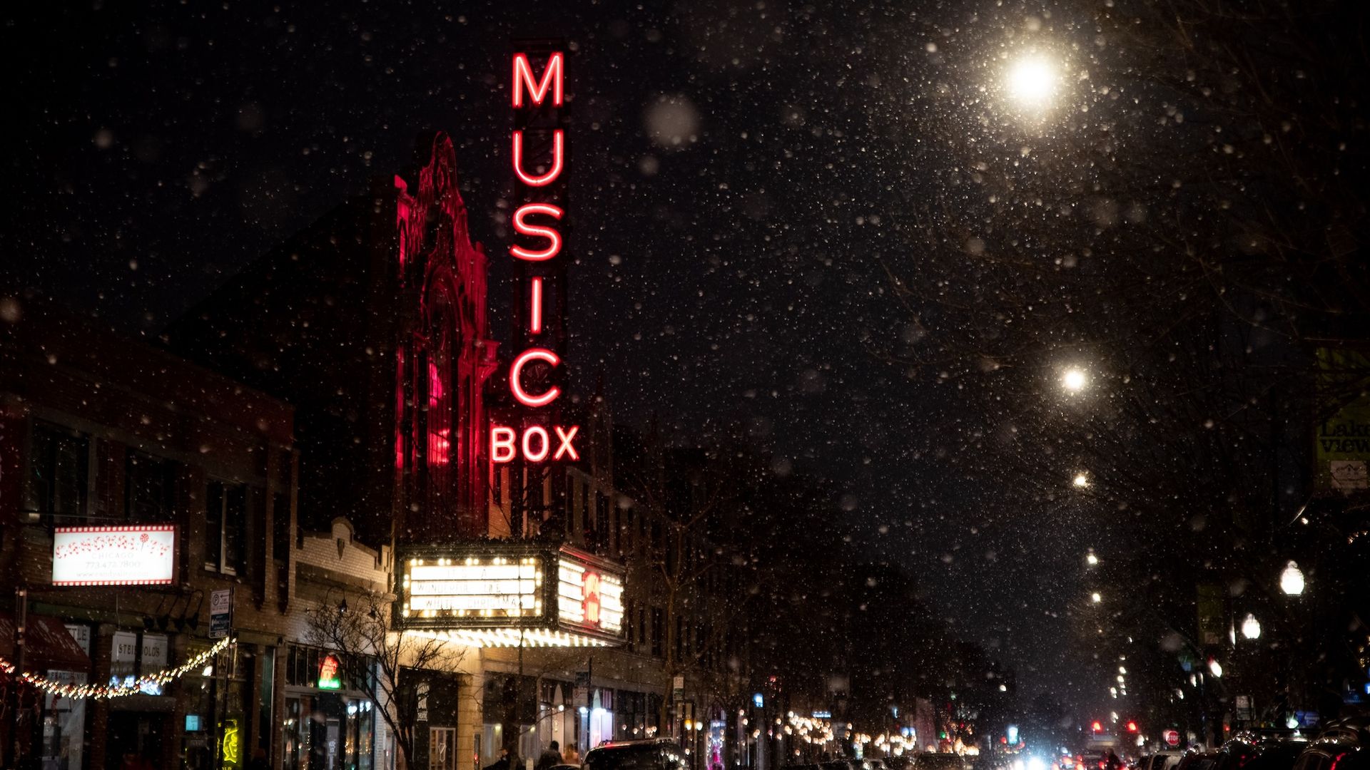 Red marquee reading Music in all caps above a smaller "Box."