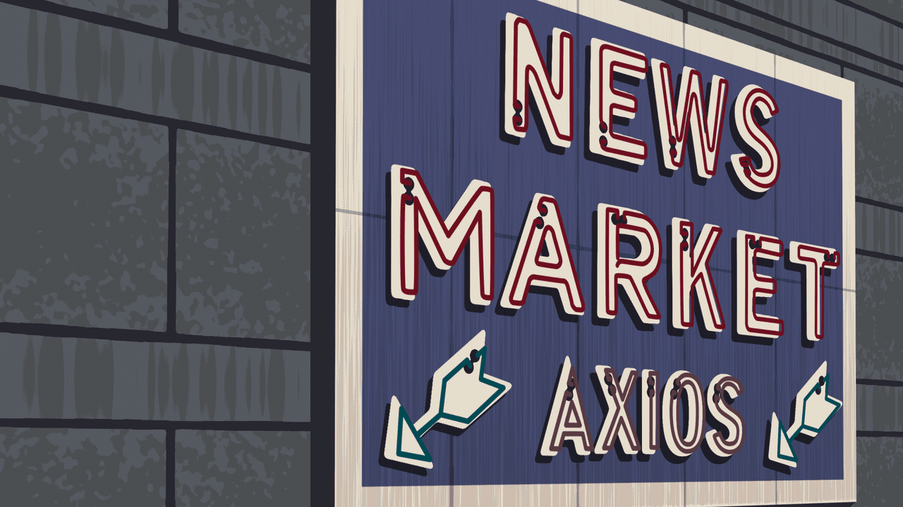 Animated illustration of a sign that looks like the Reading Terminal Market sign reading NEWS MARKET AXIOS, with the neon turning on, blinking and turning off.