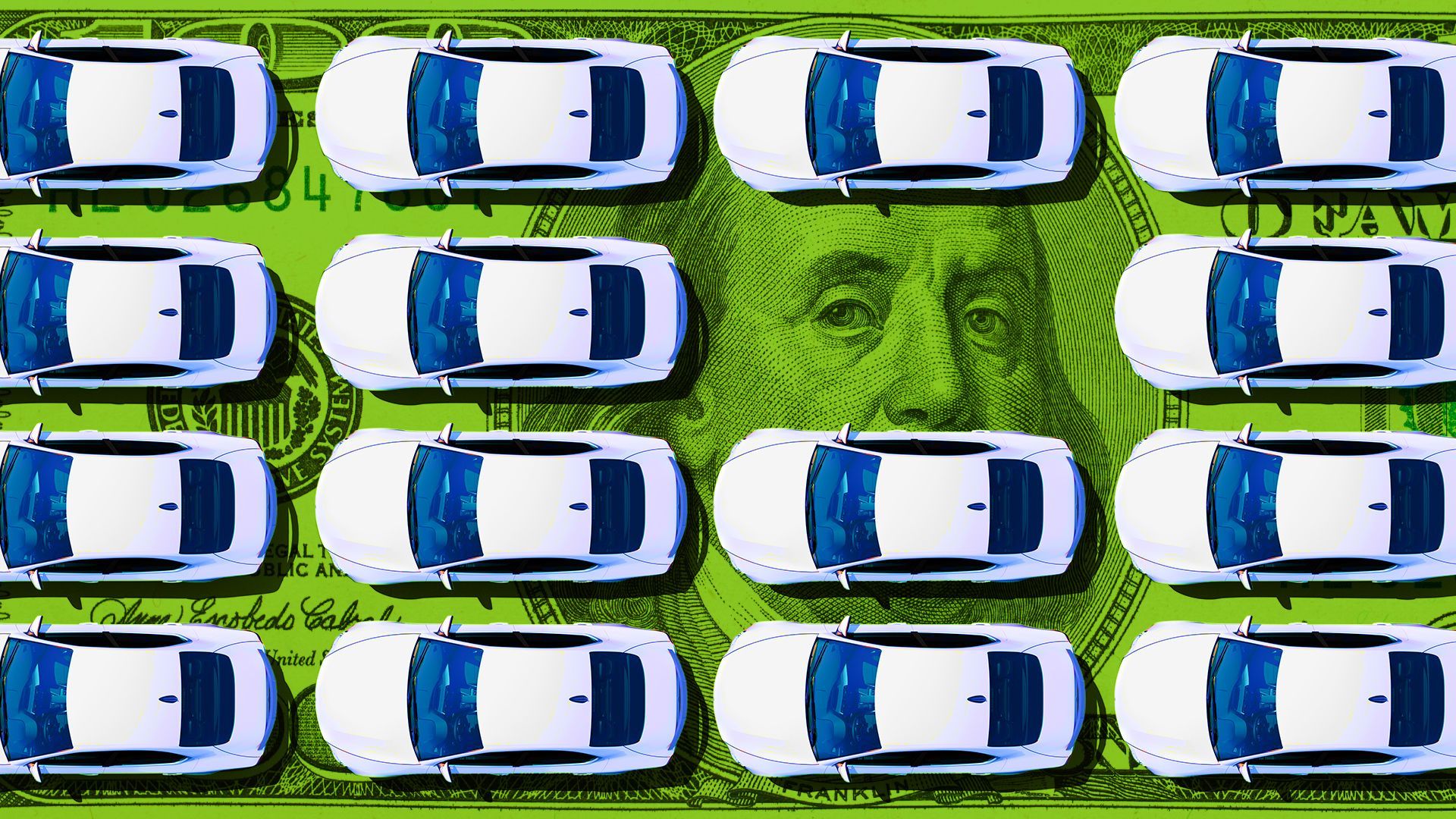 flight prices Illustration of a fleet of cars and trucks on a hundred dollar costs with Benjamin Franklin's eyes peering through. 