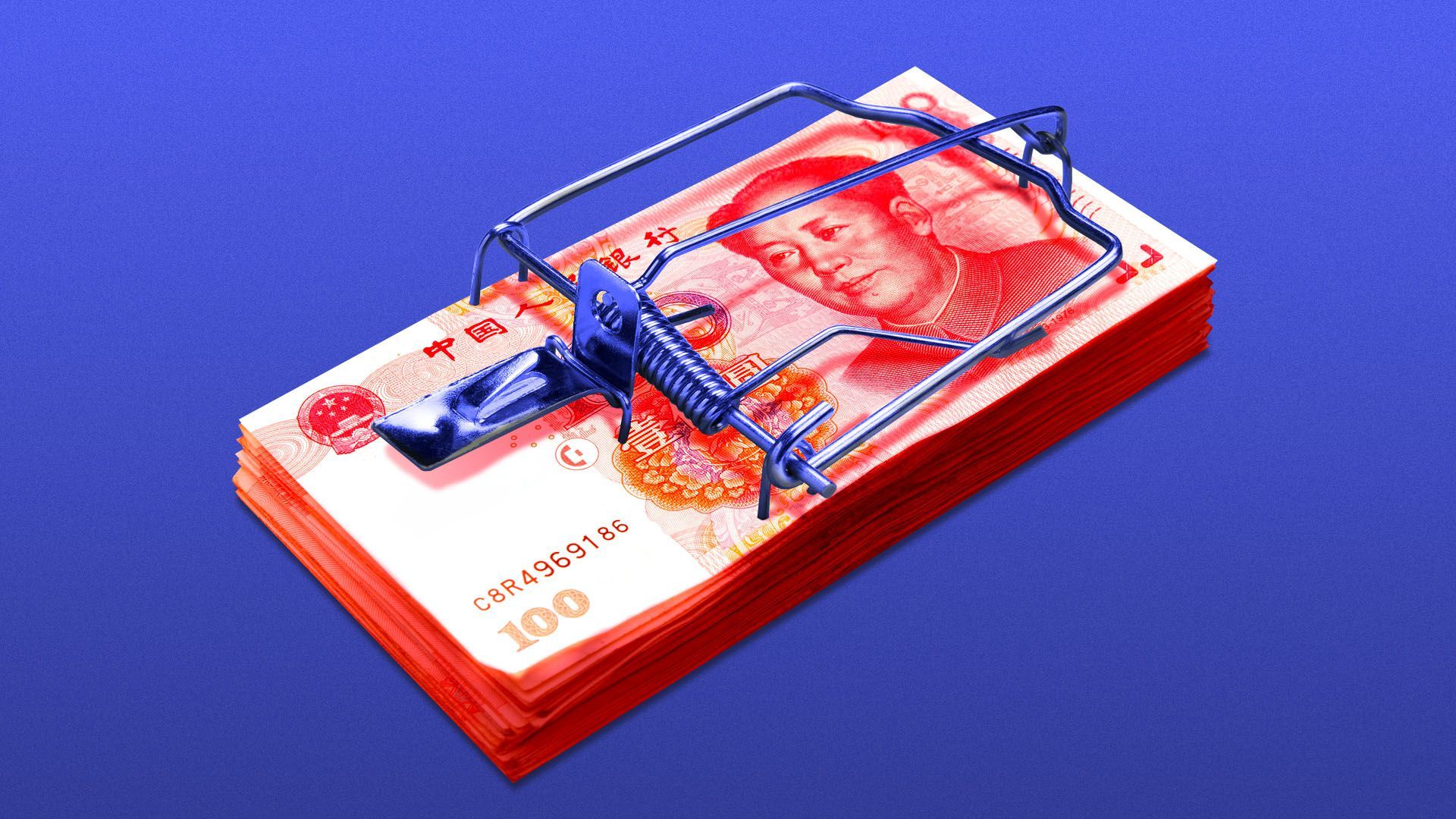Illustration of a stack of yuan as a mousetrap