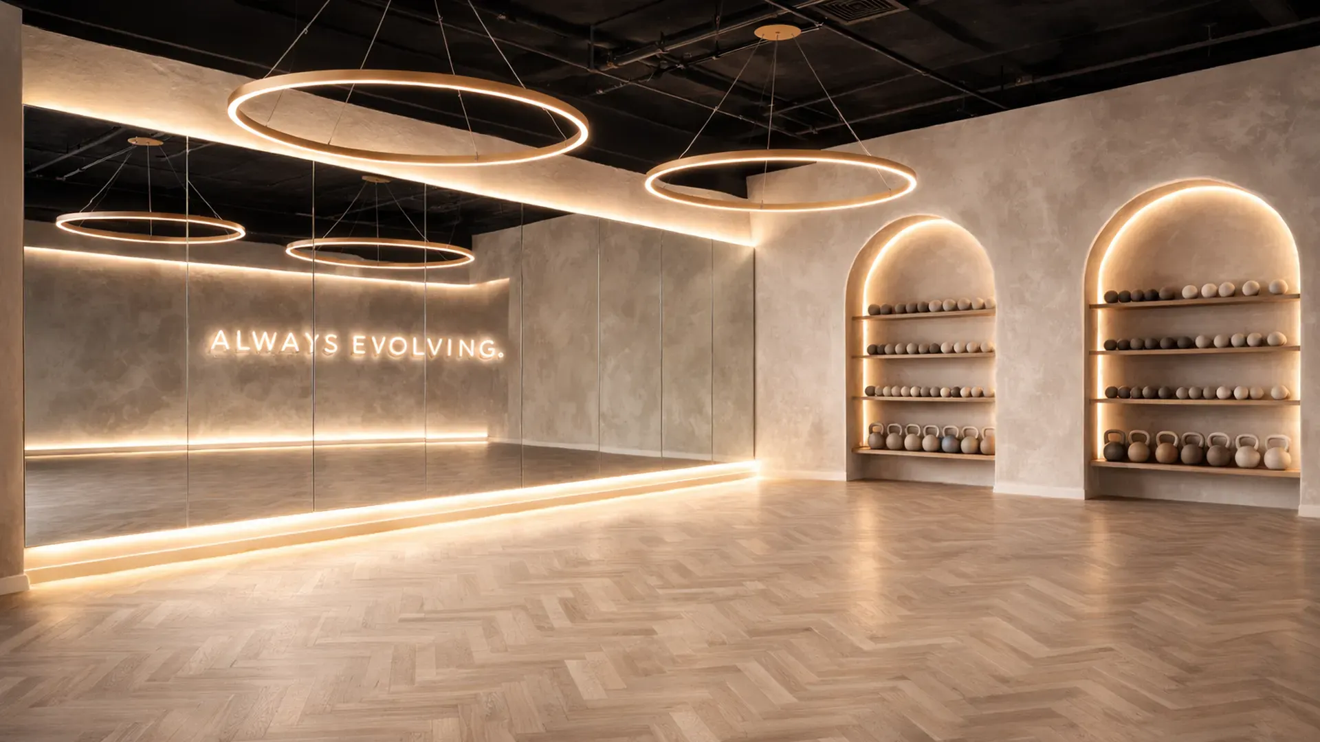 Modern studio with warm ambient lighting, large circular ring pendants suspended from a black ceiling, beige paneled walls, and arched shelves filled with kettlebells; the wall reads "ALWAYS EVOLVING"