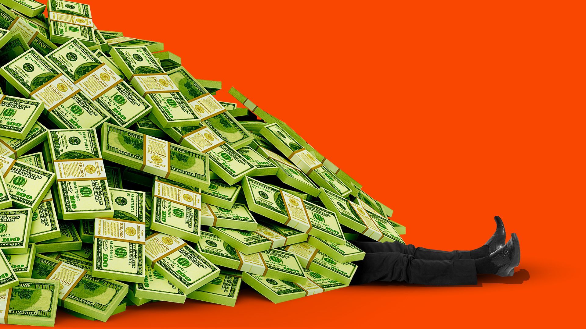 Illustration of a pair of legs sticking out from a pile of money. 