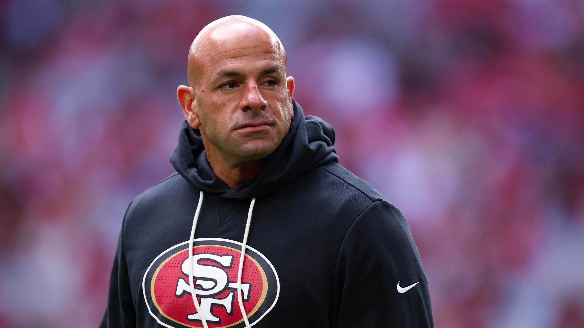 San Francisco 49ers defensive coordinator Robert Saleh looks on before a game against the Arizona Cardinals at State Farm Stadium on November 16, 2025 in Glendale, Arizona.