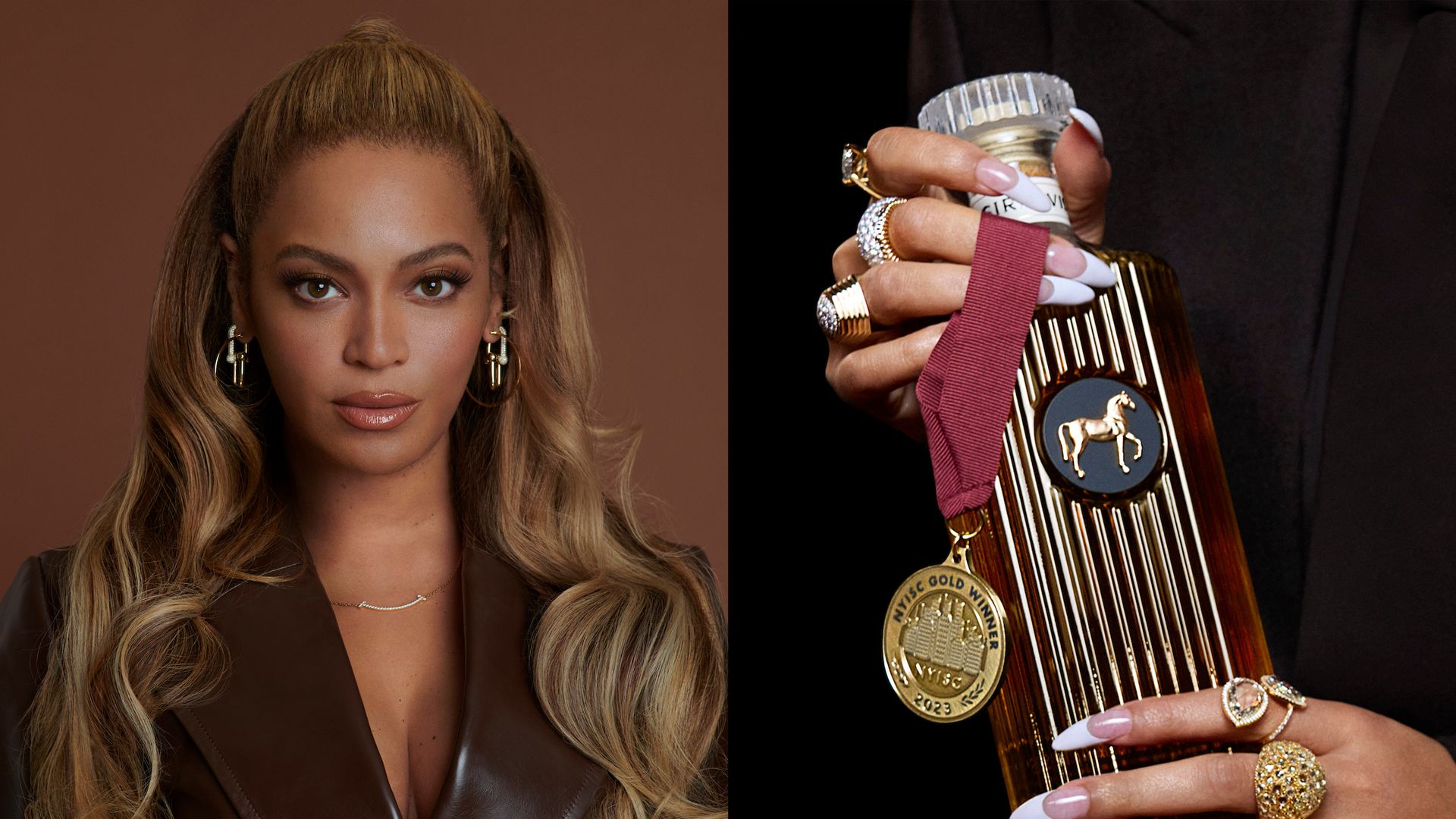 Two photos: one of Beyonce and another of a whisky bottle with a horse