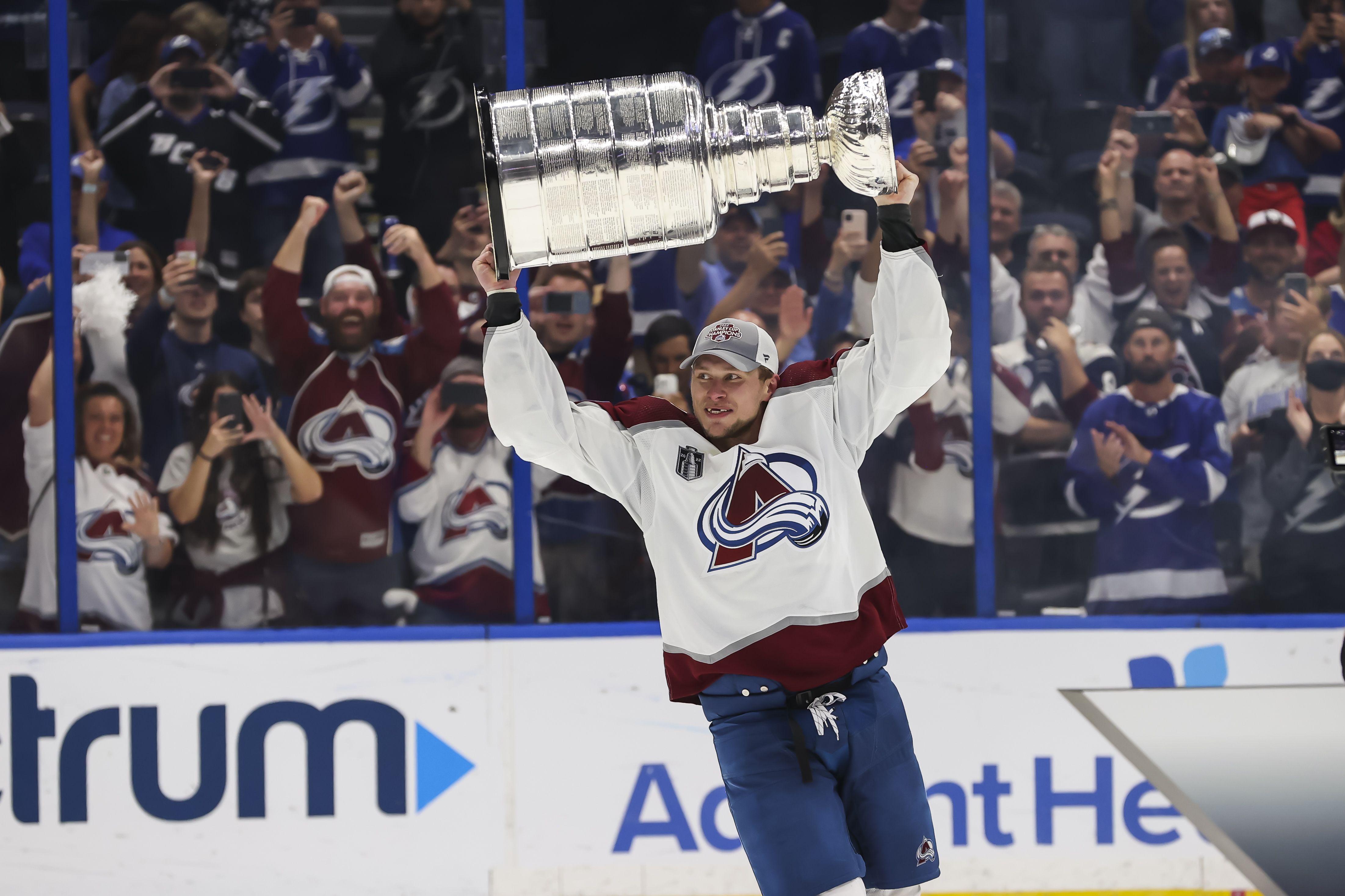Erik Johnson #6 and the Colorado Avalanche celebrate winning the Stanley Cup.