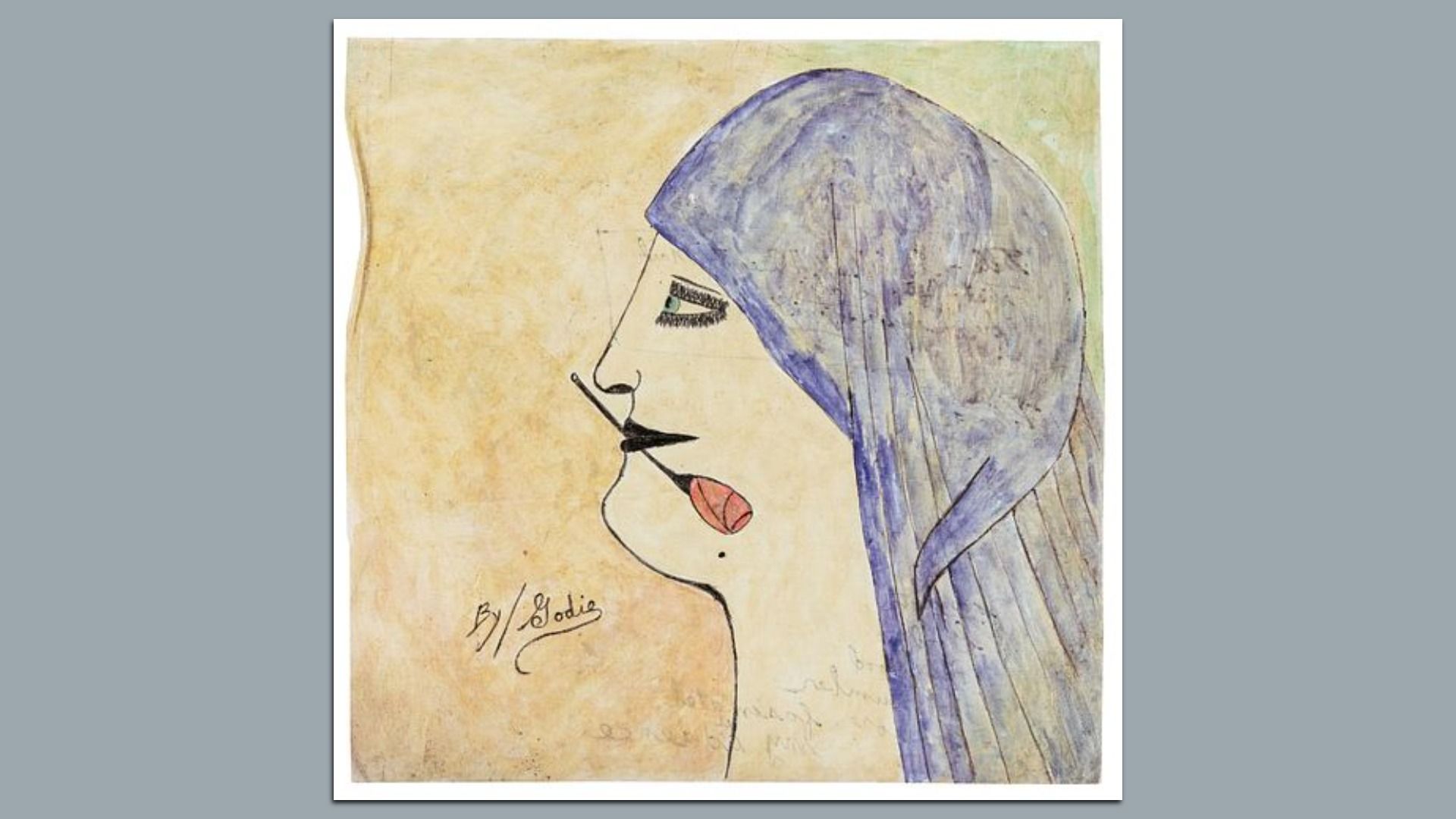 Stylized profile of a woman in a purple hood, long nose and red lips, with a cigarette protruding from her mouth against a beige textured background and a signature bottom left.