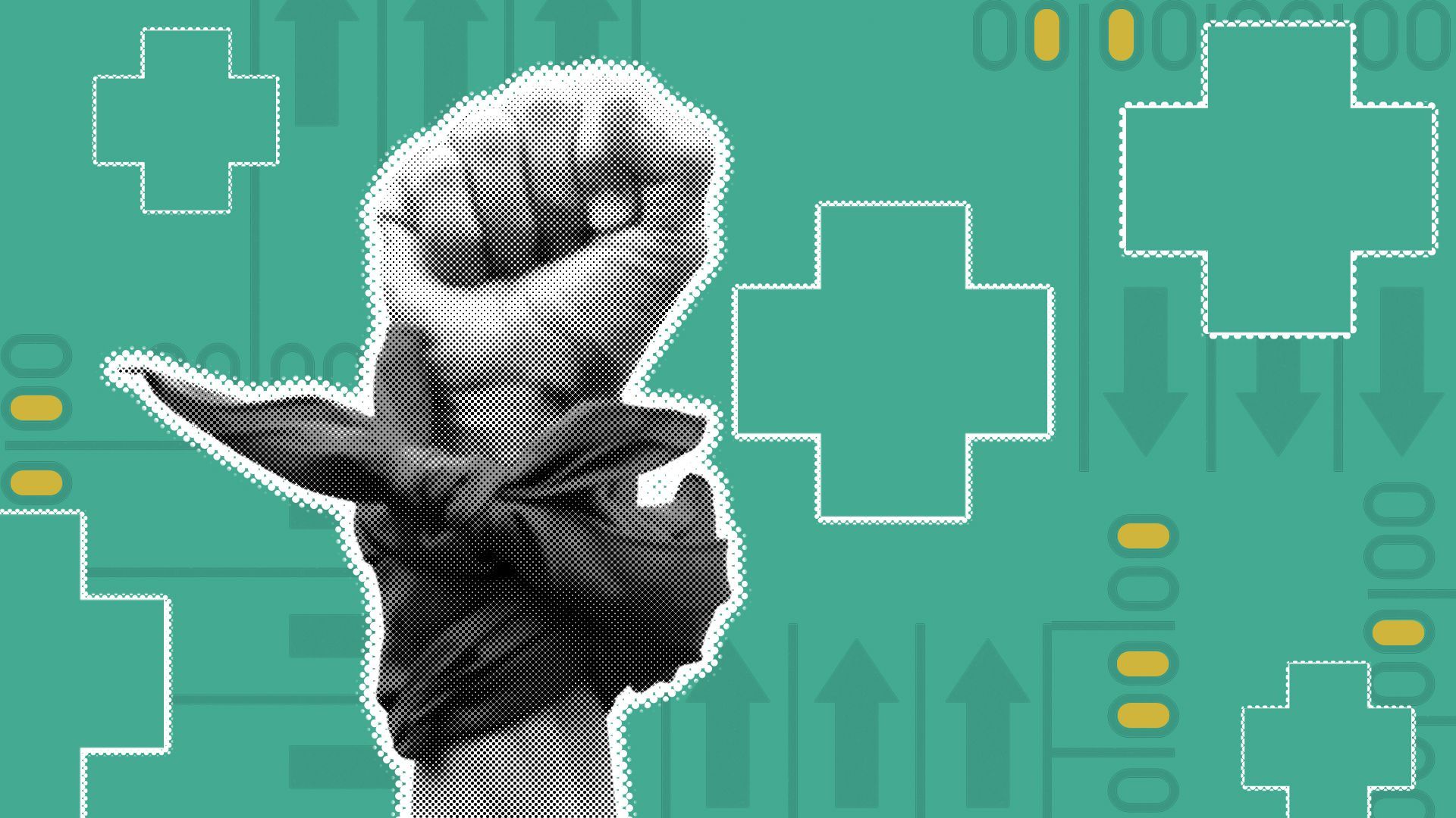 Photo illustration of a fist in the air surrounded by medical crosses and ballot designs