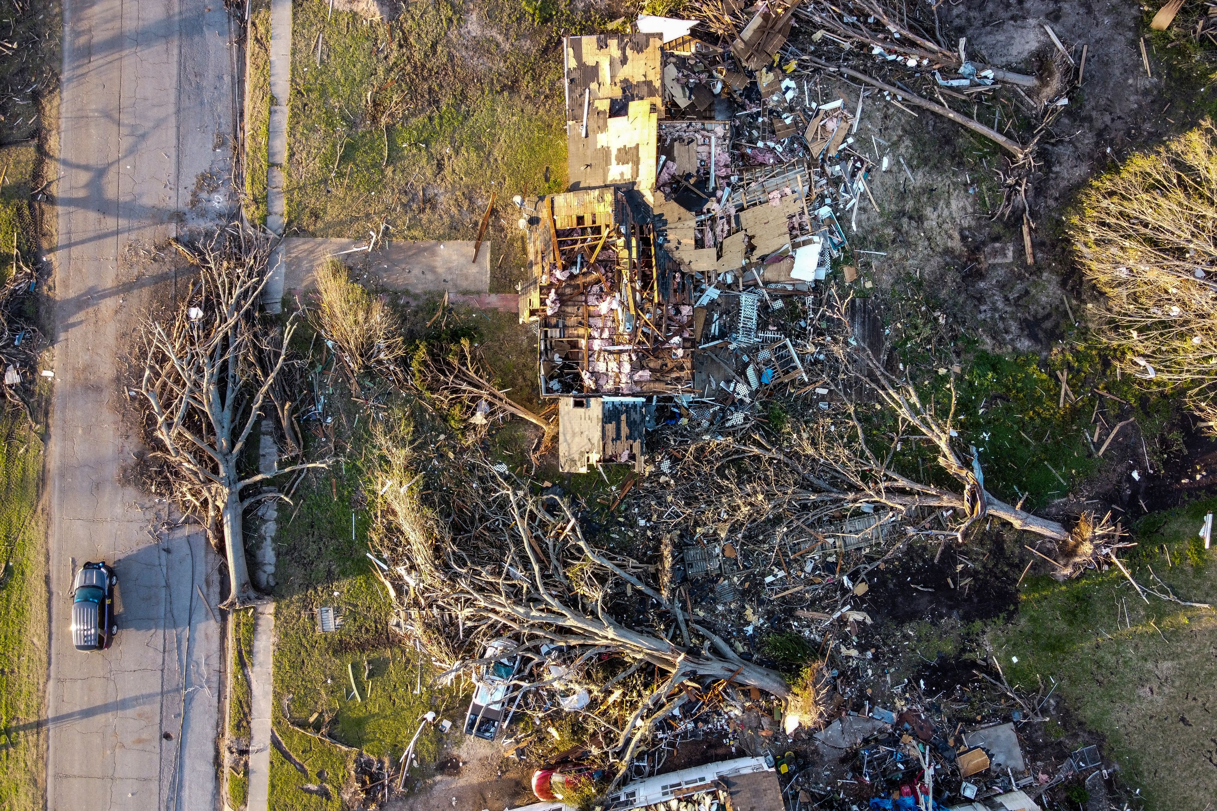 Aerial view of tornado damage to homes in Rolling Fork, Mississippi. 