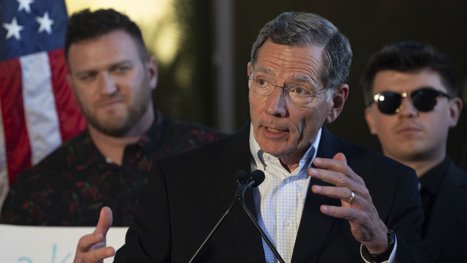  U.S. Sen. John Barrasso (R-WY) speaks during a news conference with Arizona Republican U.S. Senate candidate and far-right election denier Kari Lake