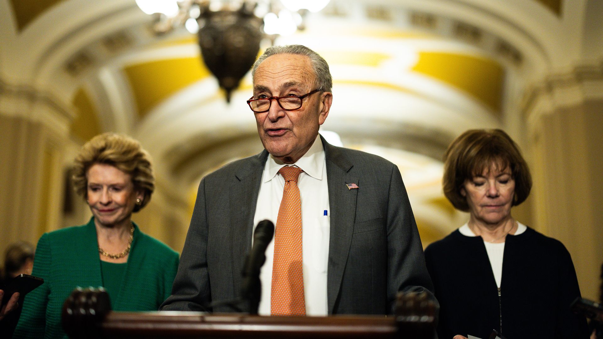 Senate Majority Leader Chuck Schumer, a Democrat from New York, center, speaks during a news conference following the weekly Democratic caucus luncheon at the US Capitol in Washington, DC, US, on Wednesday, March 6, 2024. 