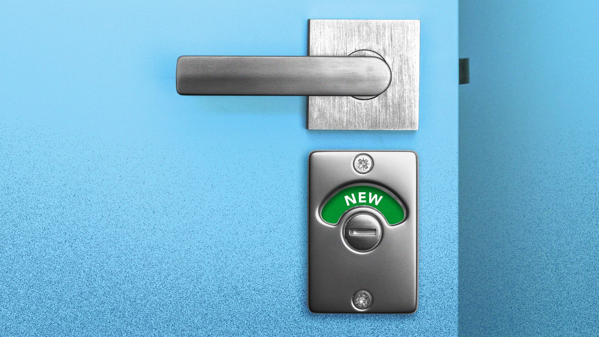 Illustration of a public restroom lock, but "occupied" is replaced with "new." 