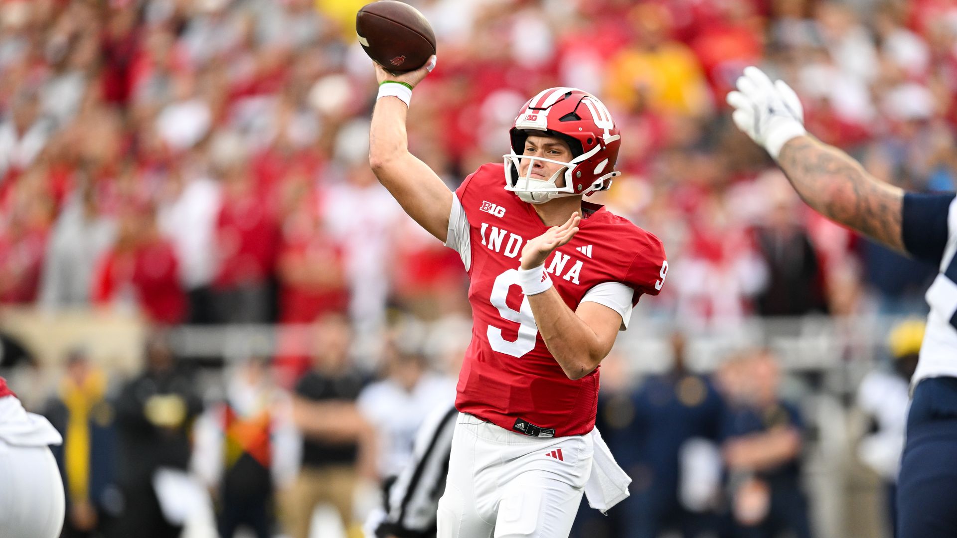 Indiana Hoosiers QB Kurtis Rourke (9) throws a pass during a college football game between the Michigan Wolverines and Indiana Hoosiers on November 9, 2024 at Memorial Stadium in Bloomington, IN