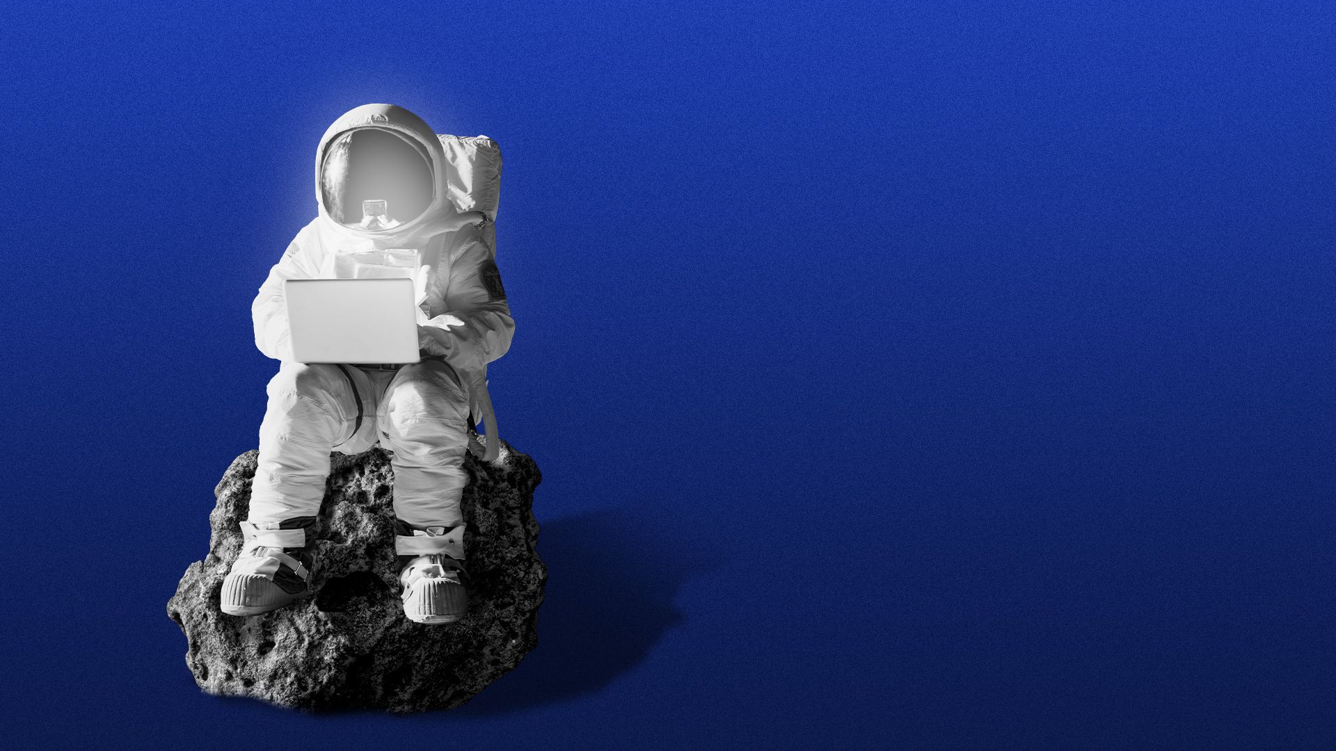 Illustration of an astronaut with a laptop sitting on an asteroid.