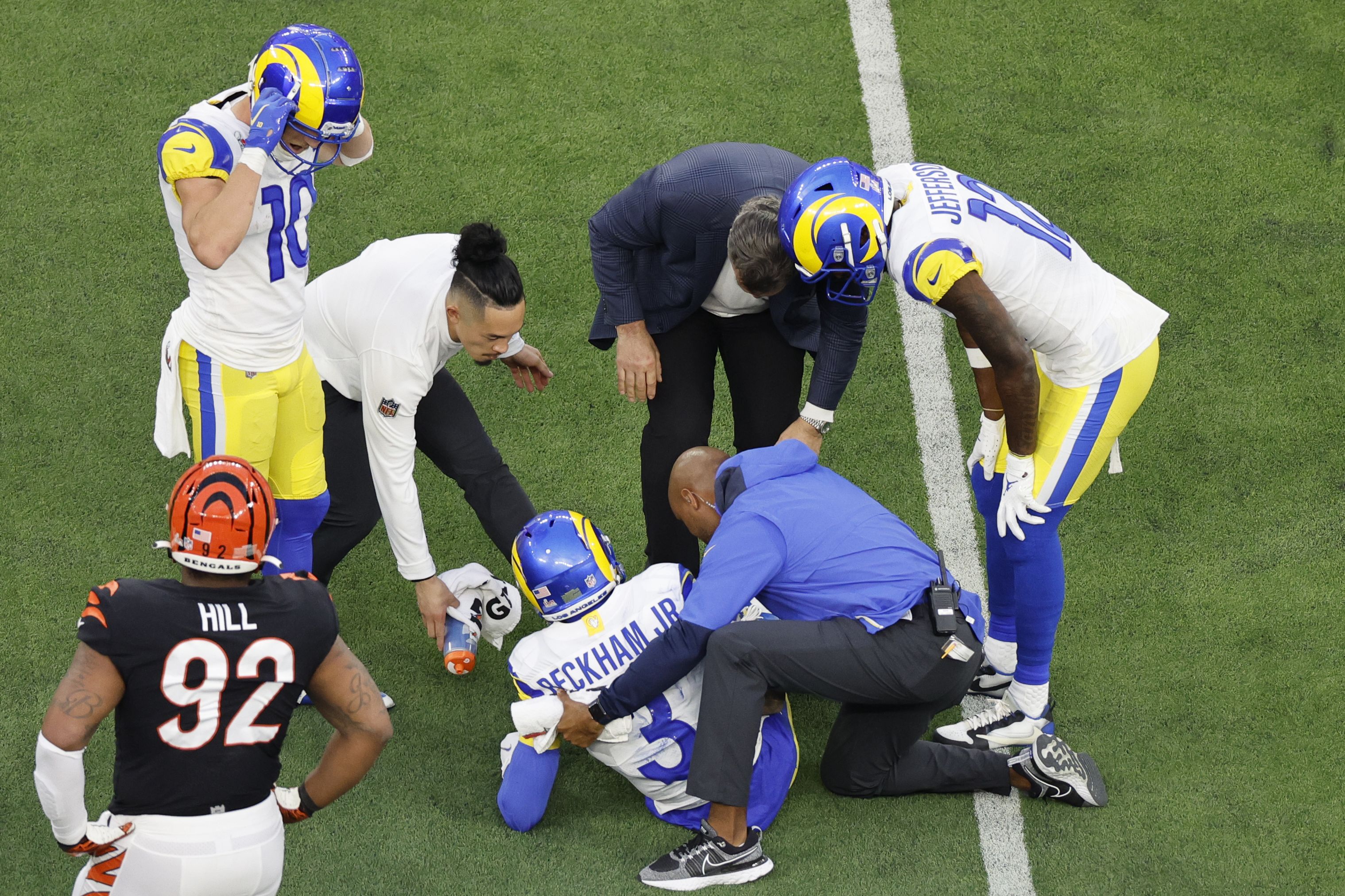 Los Angeles Rams wide receiver Odell Beckham Jr. (3) is looked after by team trainers during the second quarter of the Super Bowl at SoFi Stadium on Sunday, Feb. 13, 2022 in Inglewood, CA.