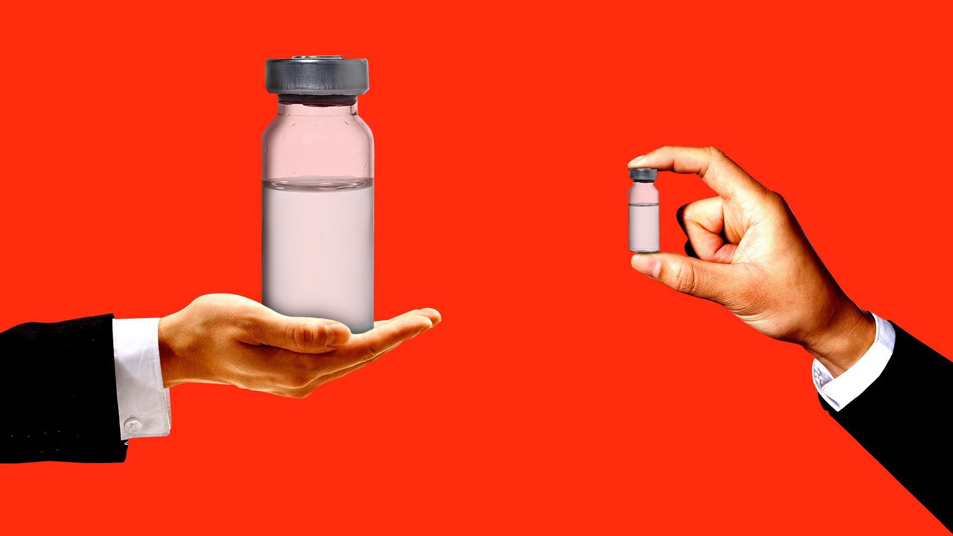 Illustration of one set of hands holding a giant vaccine bottle and another set of hands holding a smaller bottle.  