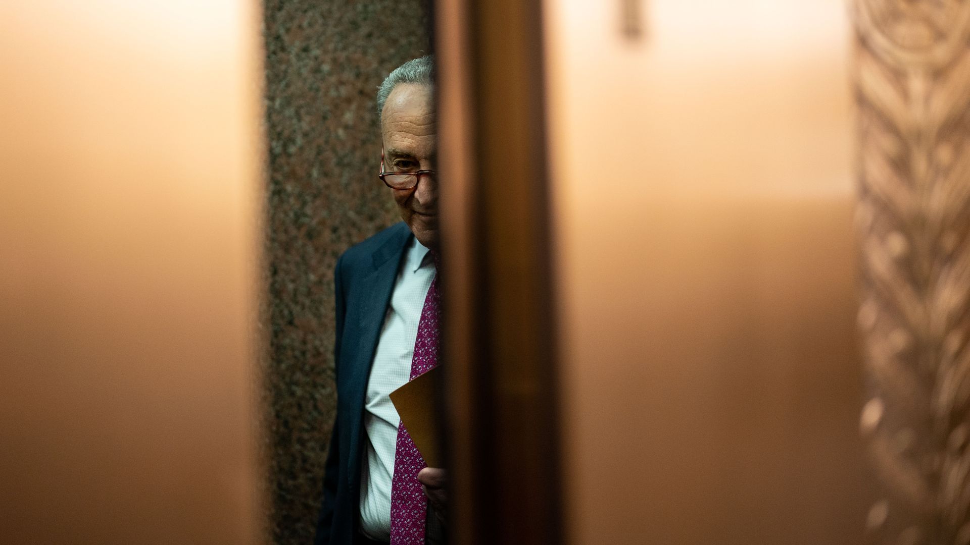 Senate Majority Leader Chuck Schumer is seen between closing elevator doors.