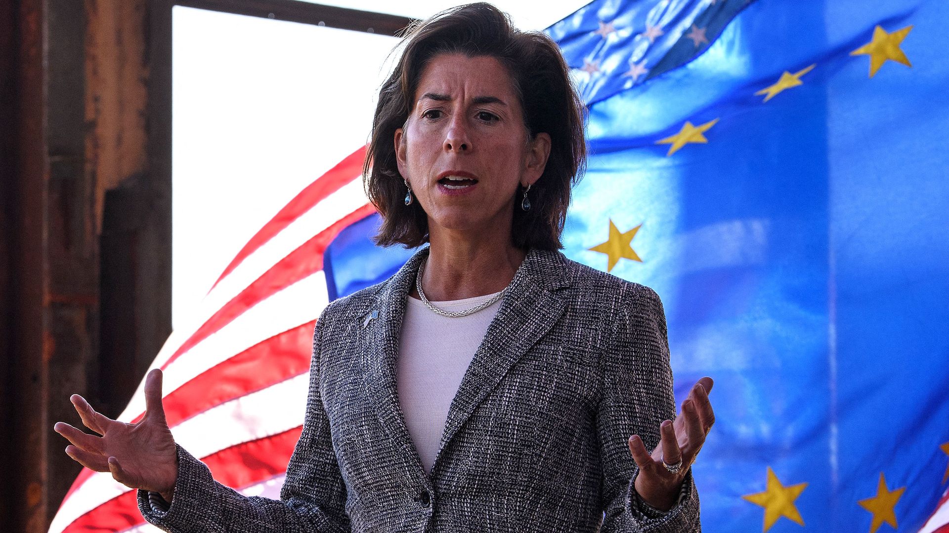 US Secretary of Commerce Gina Raimondo speaks to the press during the inaugural US-EU Trade and Technology Council in Pittsburgh, Pennsylvania, on September 29, 2021.