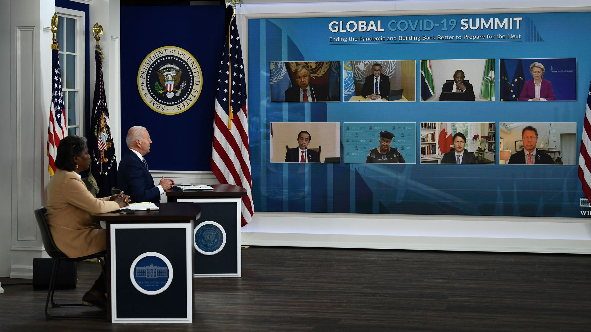US President Joe Biden, with Ambassador to the UN Linda Thomas-Greenfield (L) convenes a virtual Covid-19 Summit.